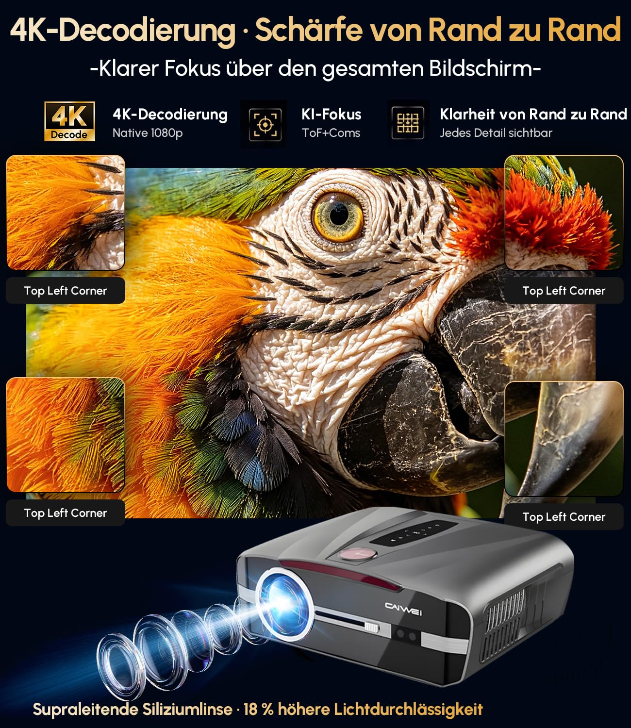 Vidéoprojecteur de lumière du jour 2300ANSI 4K Ultra HD HDR10 Projecteur intelligent de jour avec Tof Autofocus HDMI ARC/CEC 38W DB Audio WiFi6 Bluetooth 5.4 WiFi Vidéoprojecteur pour home cinéma