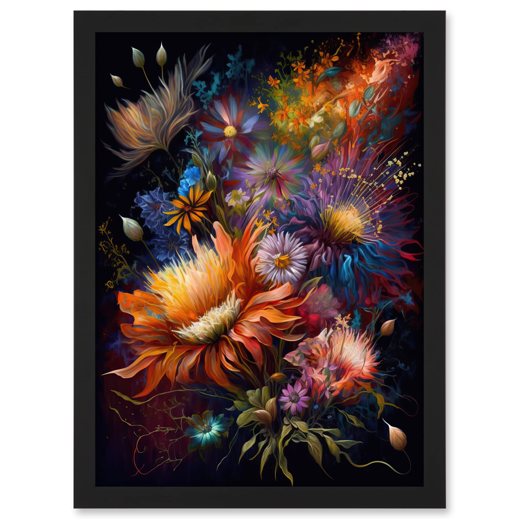 Artery8 Wildflower Bouquet Pink Blue Orange Floral Art Artwork Framed A3 Wall Art Print