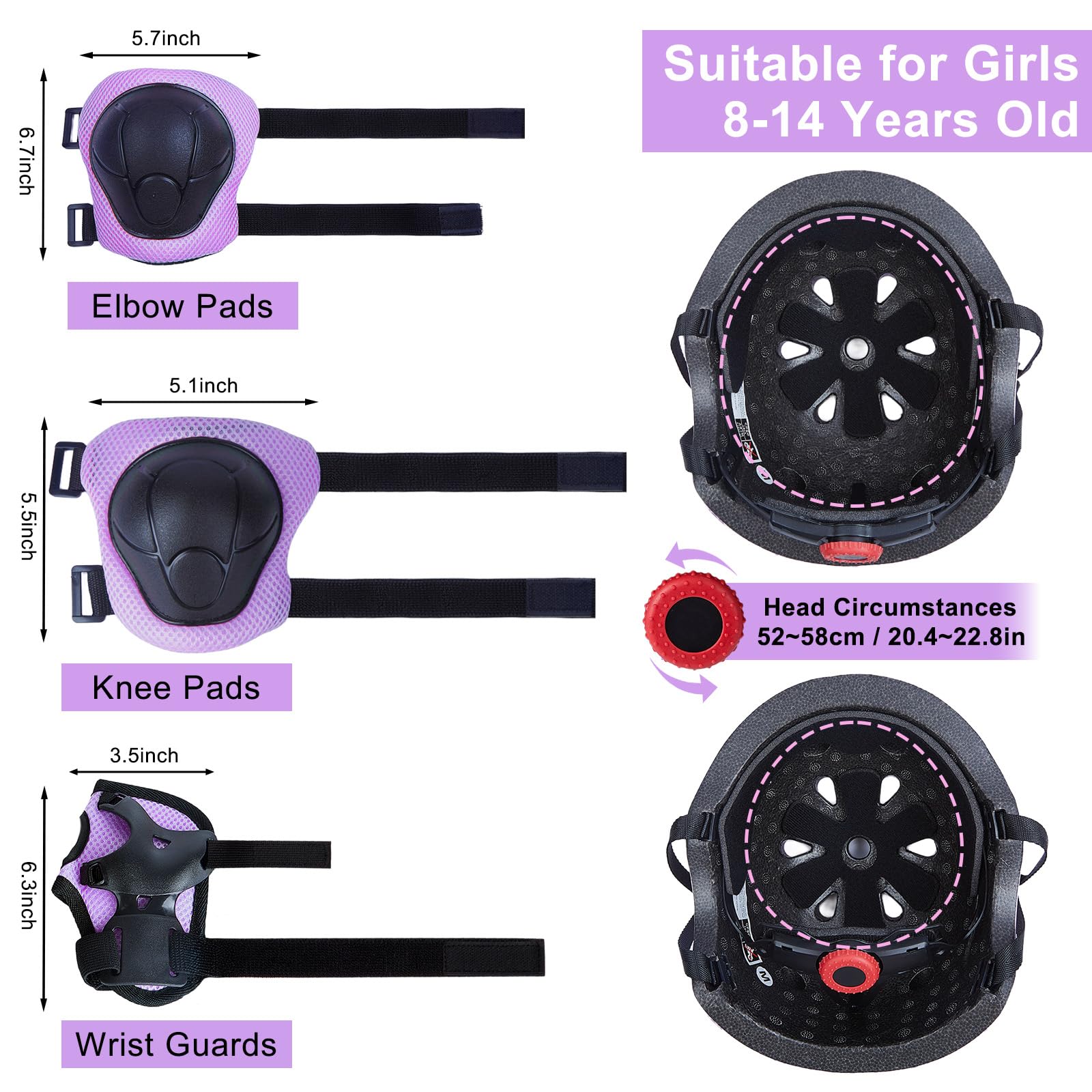 Casque de vélo pour enfant avec équipement de protection pour fille de 8 à 14 ans, casque de skateboard réglable, avec genouillères et coudières, résistant aux chocs avec joli nœud DIY pour