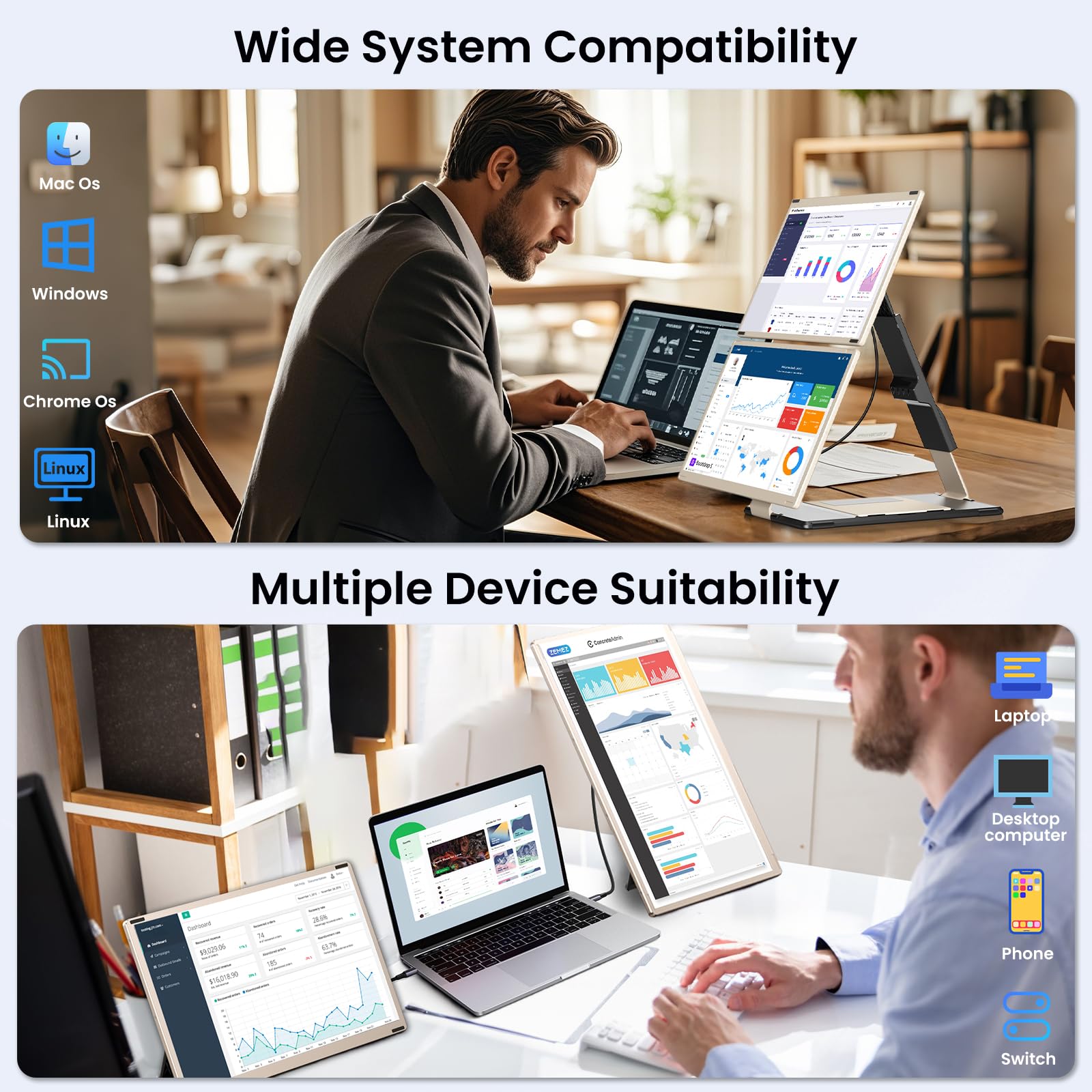 Extensión de pantalla de ordenador portátil, 15,6 pulgadas, FHD 1080P, triple monitor extender | Plug & Play, giratorio 235°, desmontable, apto para portátiles de 13 a 17,3 pulgadas, compatible con Win/MacOS/Chrome/Android