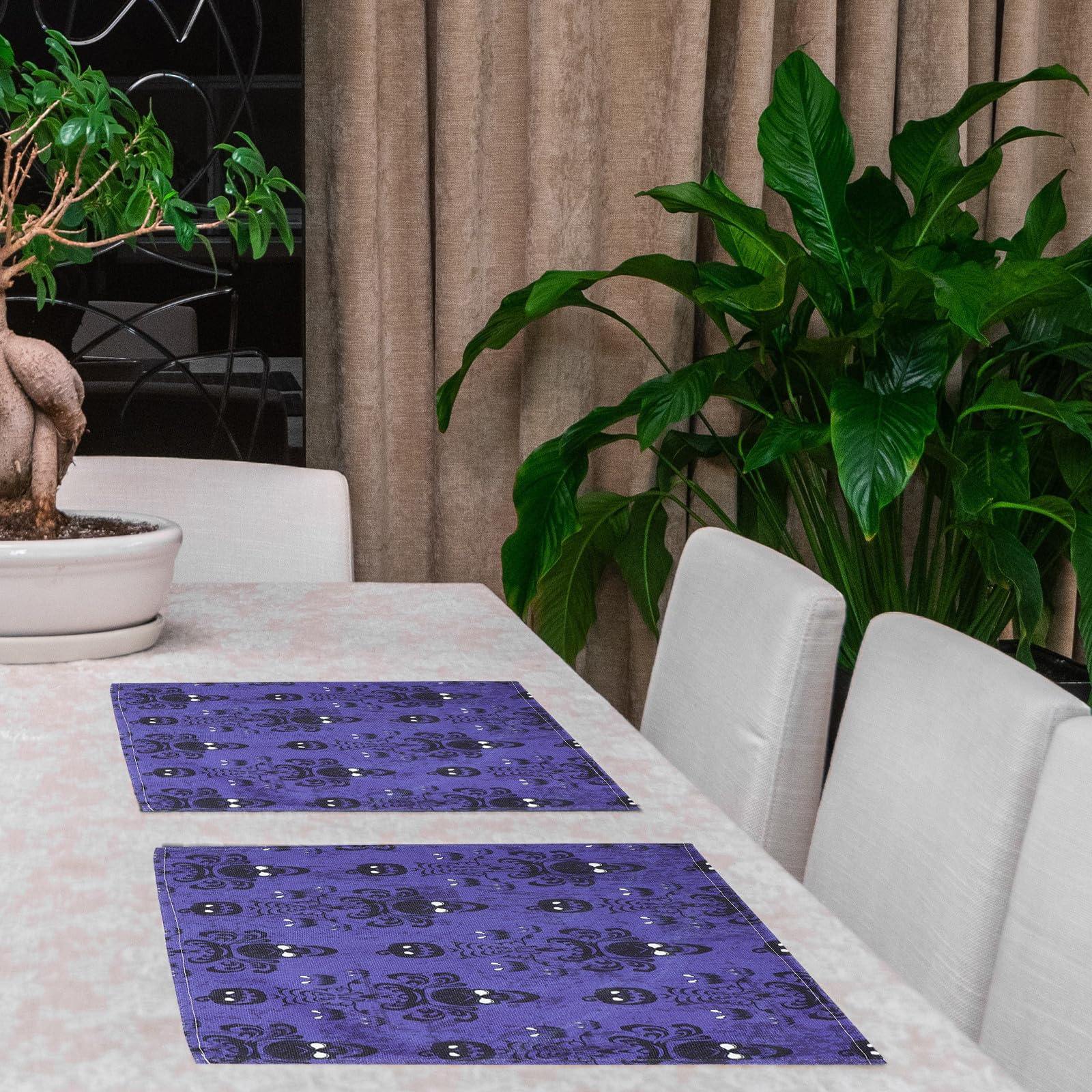Abaodam 12 Pezzi Tovaglietta Americana in Cotone e Lino Porpora Rettangolare Pieghevole Motivo Scheletro e Zucca per Decorazioni da Tavola di Halloween Protezione Desktop
