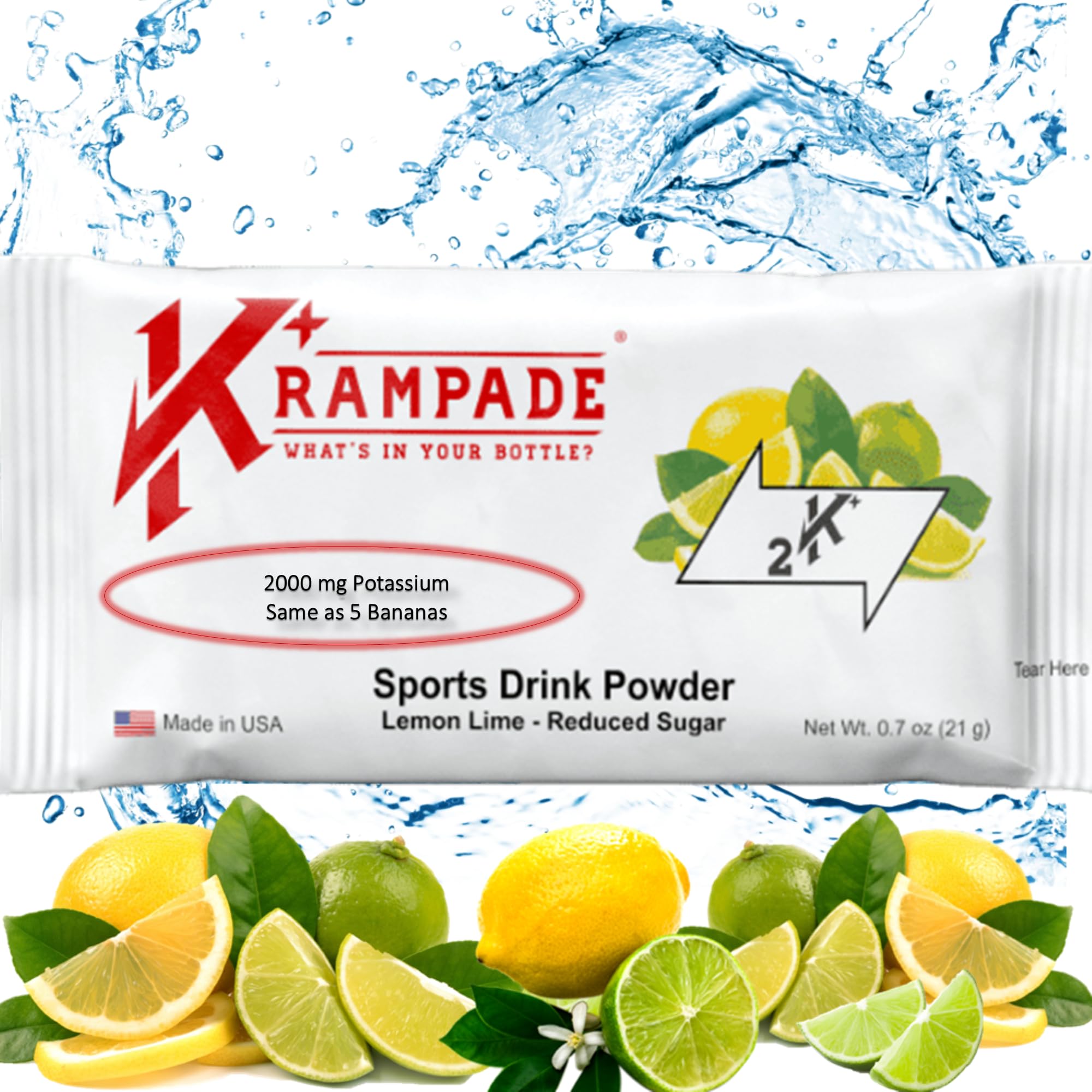 Krampade Original Reduced Sugar 2K - 2000 mg Potassium Electrolyte Powder Drink Mix | Cramp Relief - Hydration - Increased Performance | Lemon Lime - 20 Single Serving Packets