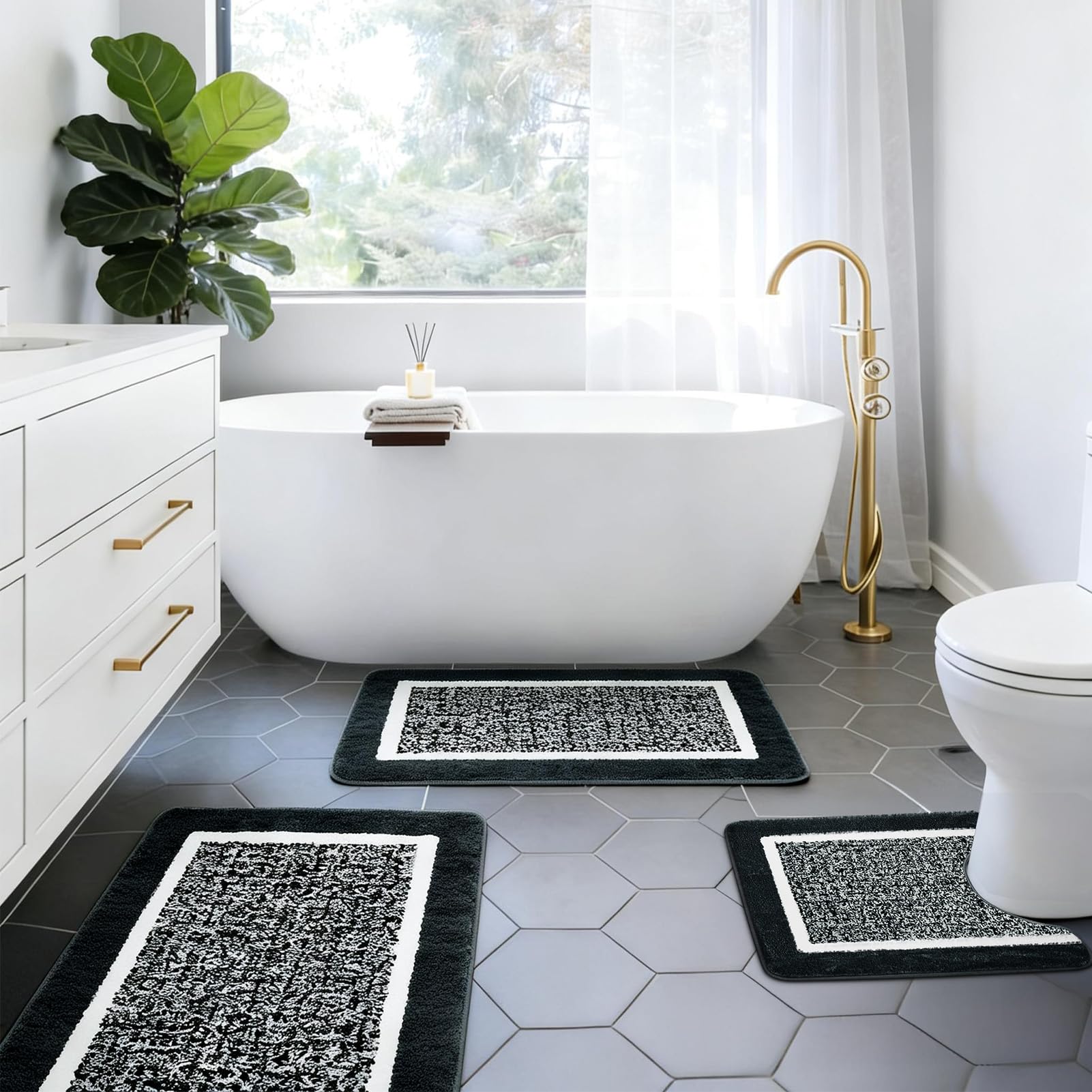 Letopati Bath Mat Sets 3 Piece, Non Slip Rubber Backing Bath Mats for Bathroom Floor, Extra Soft Microfiber Bathroom Mat and Toilet Mat, Absorbent Washable Black Bath Rug Sets — image 1