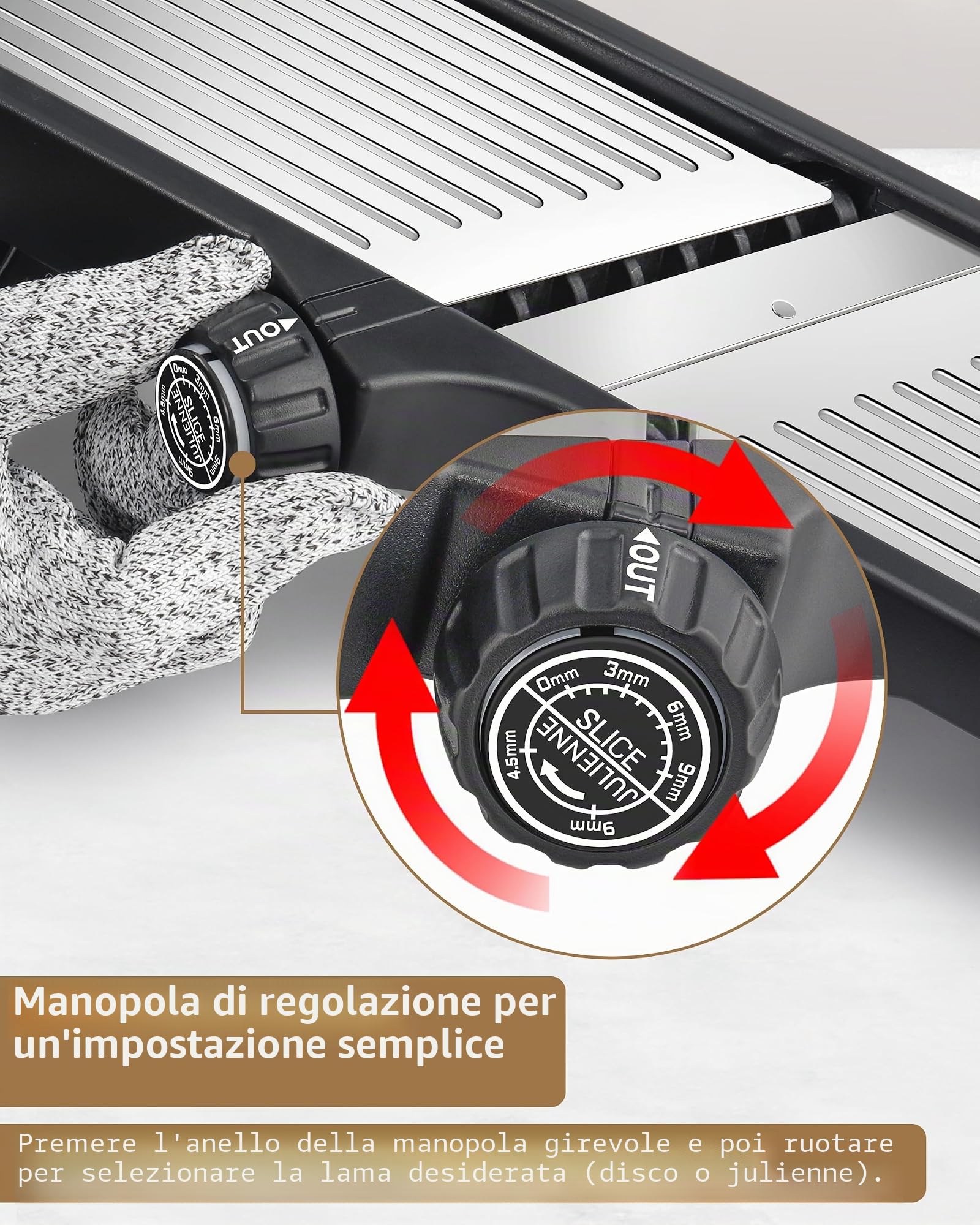 Affettatrice mandolino 5 in 1, regolabile in acciaio inox, taglierina vegetale, affettatrice pomodoro, taglierina frutta e onione, inclusi guanti resistenti