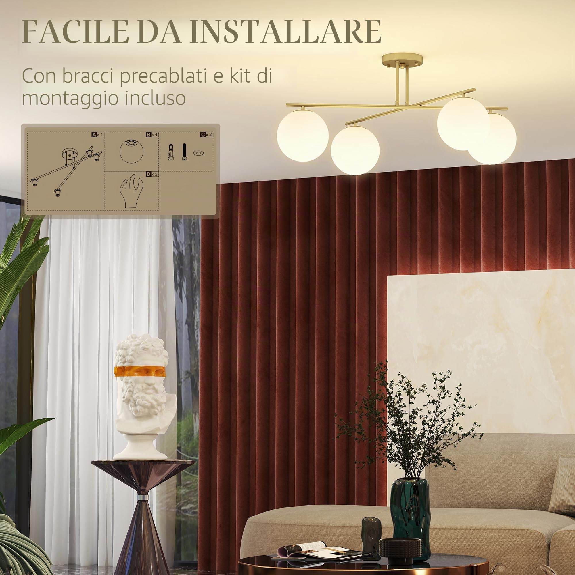 HOMCOM LED Lampada da Soffitto 40W 4x E14 Semi-Incasso Oro e Crema | Lampada da soffitto moderna per soggiorno, corridoio, sala da pranzo, cucina