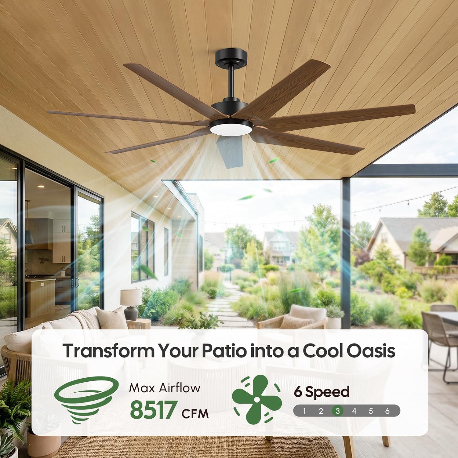 65 Inch Smart Outdoor Ceiling Fan with Light, Alexa/App/Remote Control, 7 Rustic Walnut Modern Farmhouse Blades, 8517 CFM High Airflow, Quiet DC Motor, Damp Rated for Patios, Indoor High/Slop Ceiling