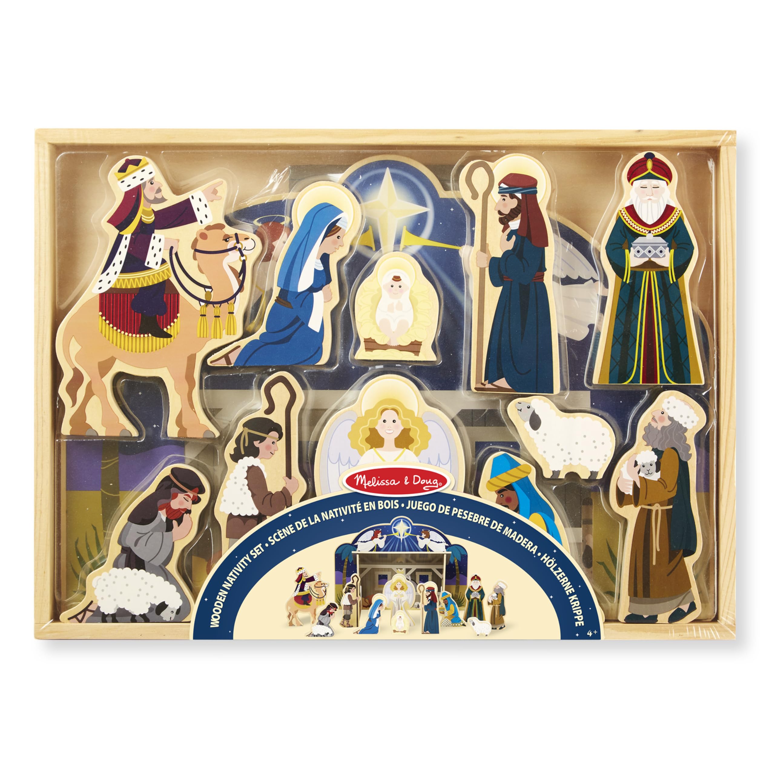 Melissa & Doug Drewniana Szopka Bożonarodzeniowa z 11 drewnianymi figurkami | Prezent świąteczny | Drewniana zabawka | 3+ | Prezent dla chłopca lub dziewczynki