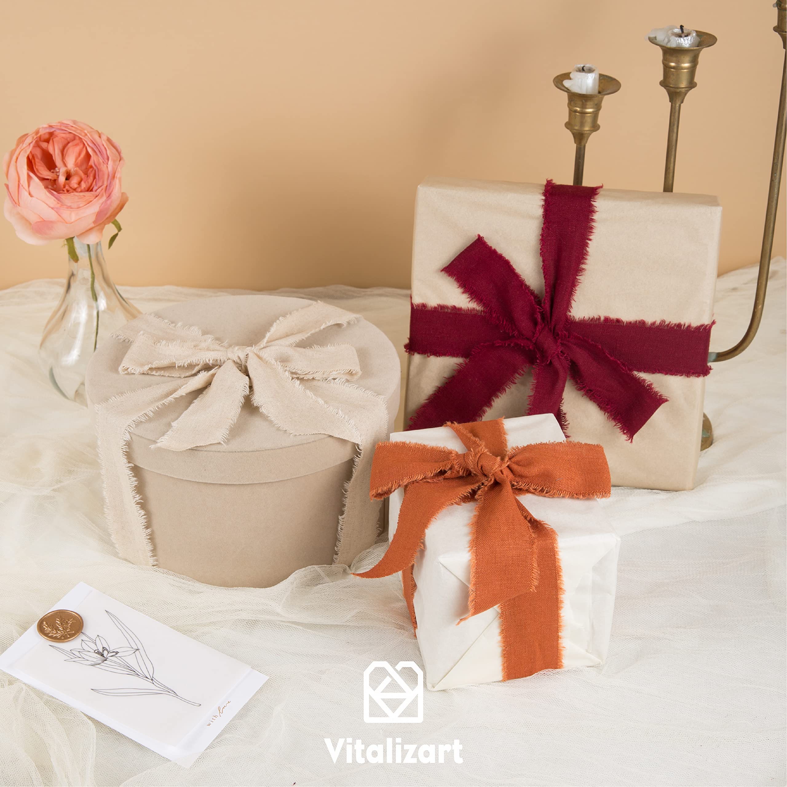 Vitalizart Beige Leinenband mit Spule, 3,8 cm x 4,5 m, rustikales ausgefranstes Baumwoll-Leinenband für Geschenkverpackungen, Hochzeitseinladungen, Brautsträuße