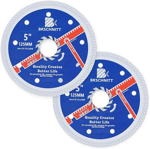 Super Thin Diamond Porcelain Saw Blade with X Teeth,BRSCHNITT 2pcs 5 Inch (125mm) x Arbor 7/8" Angle Grinder Diamond Cutting Disc for Dry/Wet Cutting Porcelain Tile Ceramic Marble Granite
