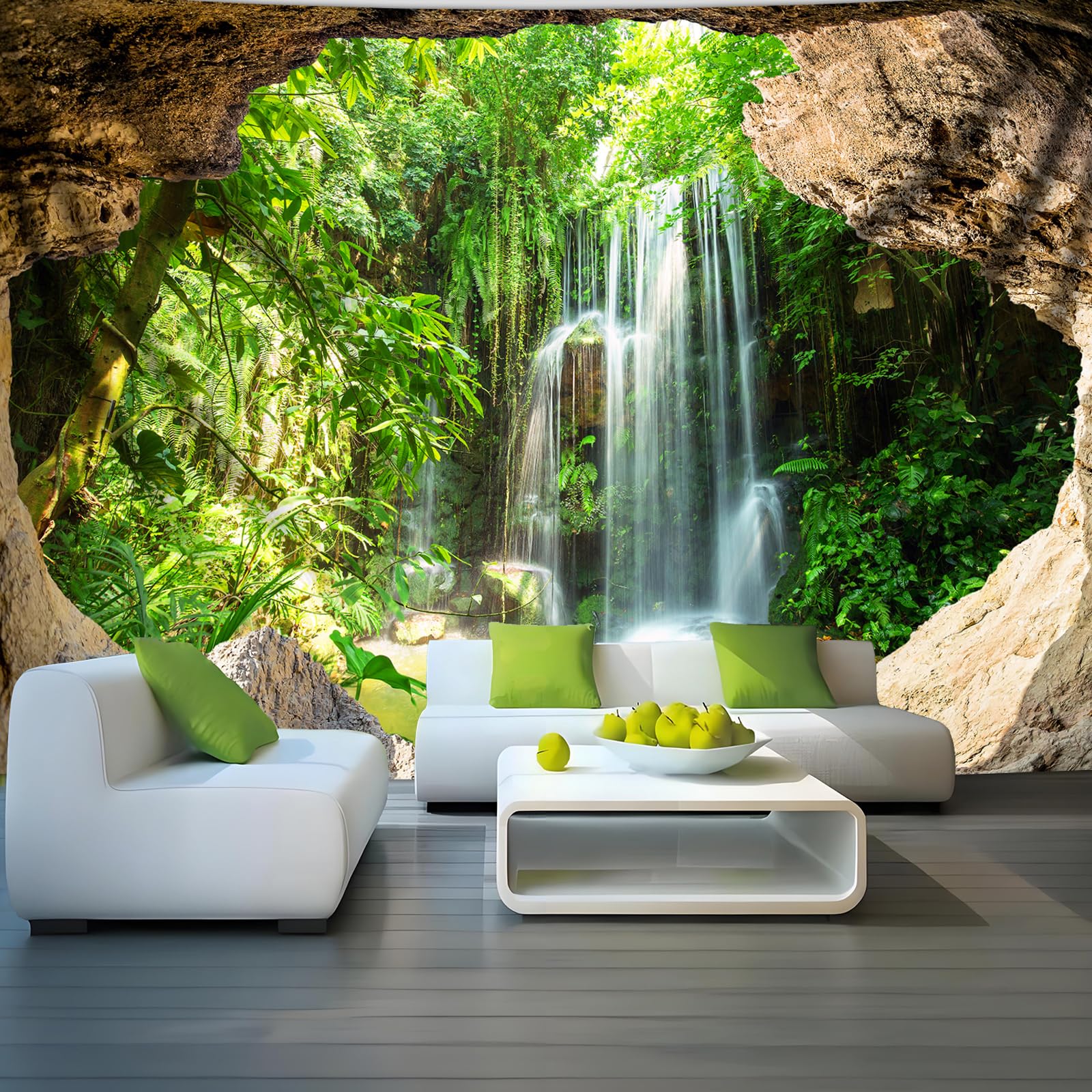 WIERAEM Wald Wandteppich Natur Wasserfall Wasser Wandtuch Groß GrüN Höhle Landschaft Wandbehang Geeignet für Wohnzimmer Schlafzimmer und Arbeitszimmer Dekoration L 300 X H 180cm
