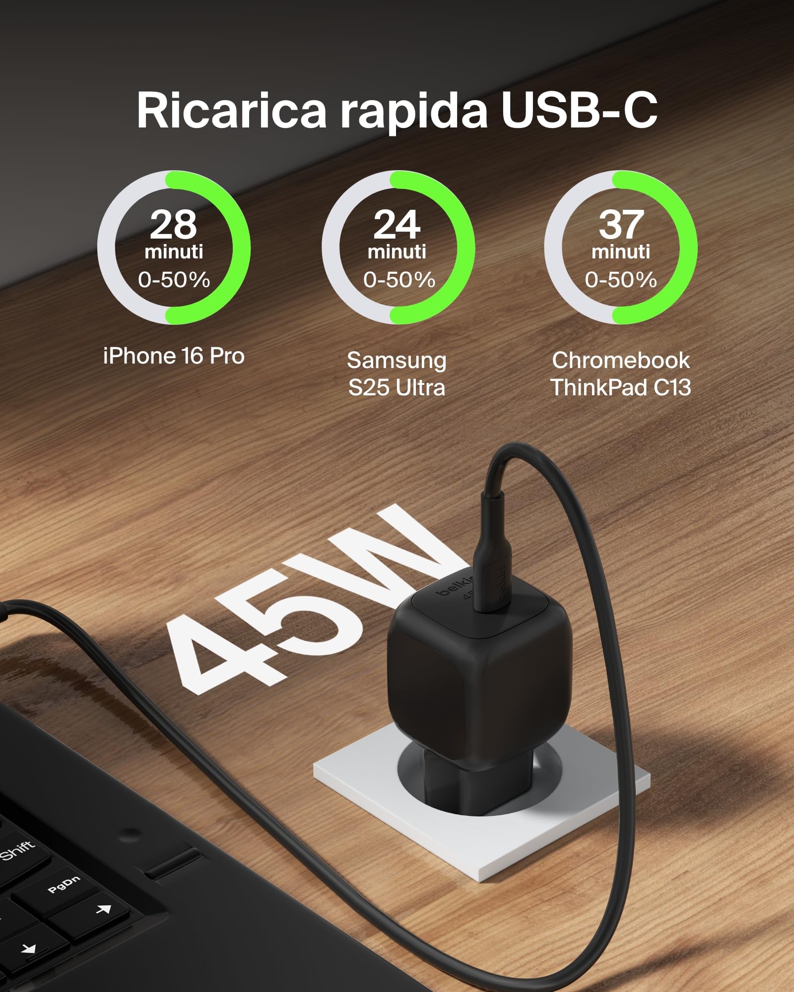 Belkin Caricatore da parete compatto da 45 W, ricarica rapida USB-C Power Delivery per Apple iPhone 16, 16 Plus, 16 Pro, 16 Pro Max, 15 Series, Samsung Galaxy S25, iPad, AirPods e altri, nero