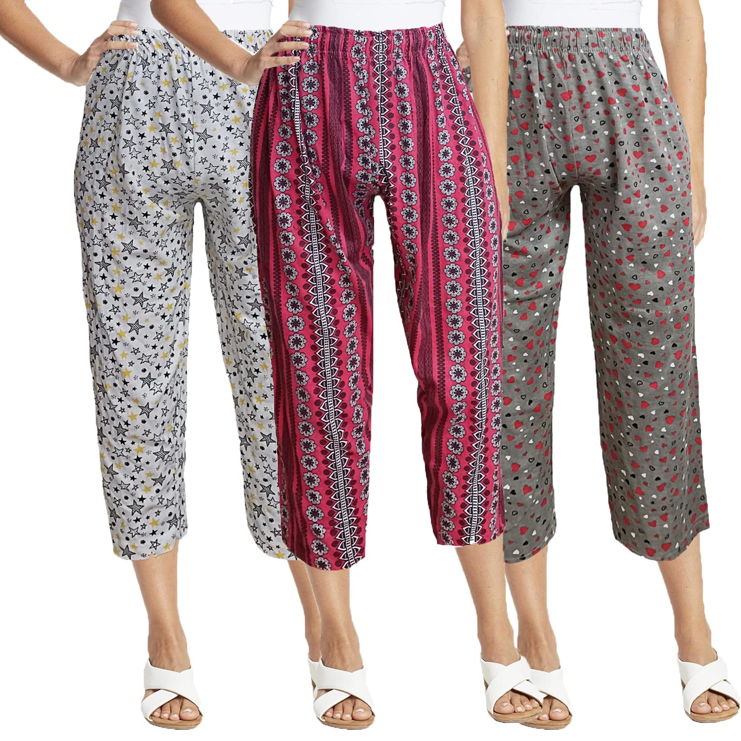 BRAND FLEX Women's Cotton Capri, Capri for Women, Nightwear Capri for Women, Printed 3/4 Pyjama, Prints May Vary (Assorted Capri) (3 PACK)