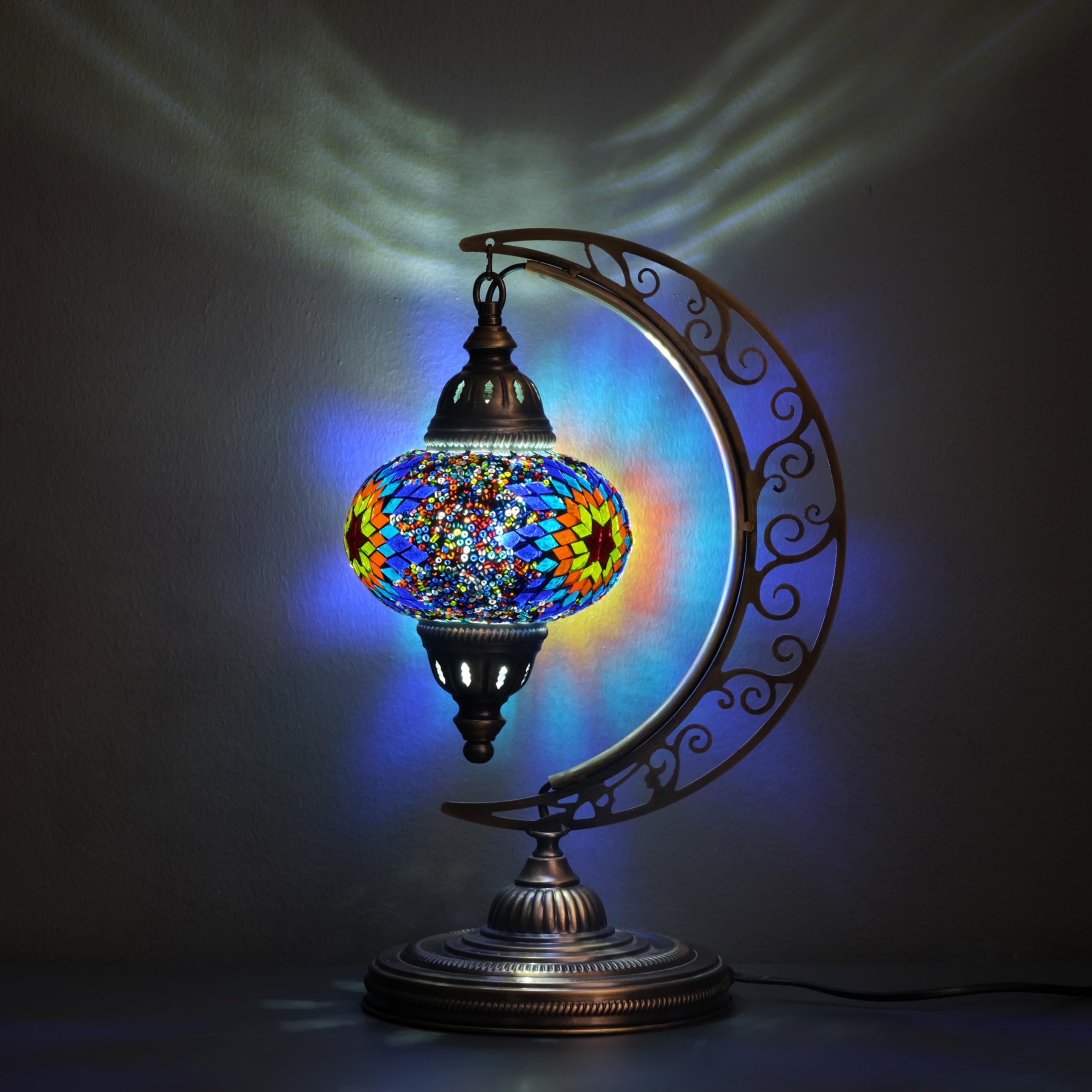 Turkish Moon Lamp, Mosaic Moroccan Table Lighting, Standing Turkish Lamp, Decor Home Floor Lighting Accessory, Total Dim. 7.5 x 11 x 18 inches (Coldflame)