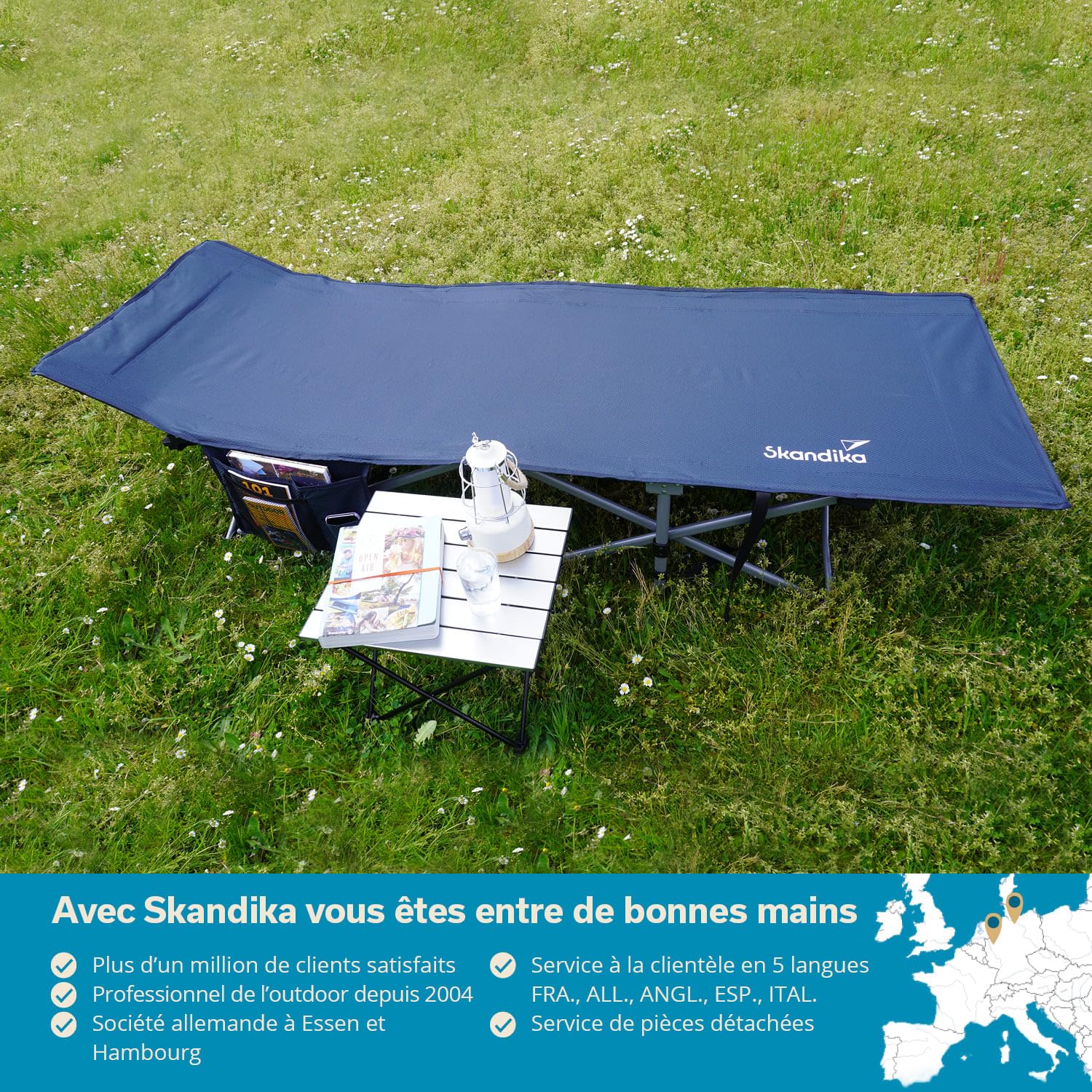 Skandika Lit de Camping Viia | Lit Pliant Confortable, Grande Surface de Couchage Robuste, Pliable, Poche latérale | Lit de Camping pour Camper, Festival, Maison
