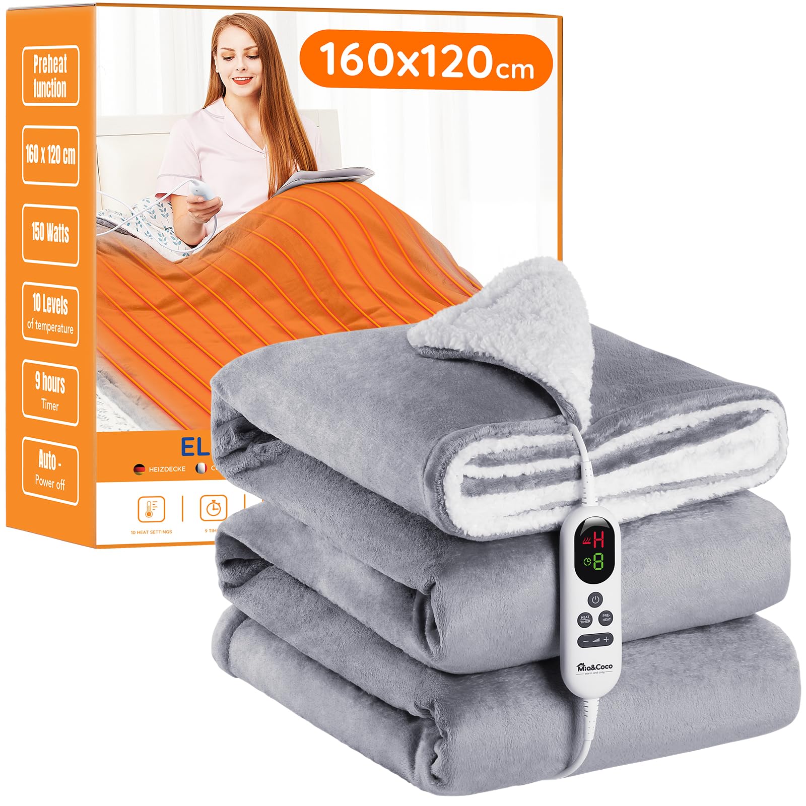 Mia&Coco Electric Heated Blanket Throw Flannel Sherpa Fast Heating 120x160cm, 10 Heat Levels & Up-to-9-Hours Auto-Off Timer & LED Display, for Home Office Use, Machine Washable, ETL Certified, Grey