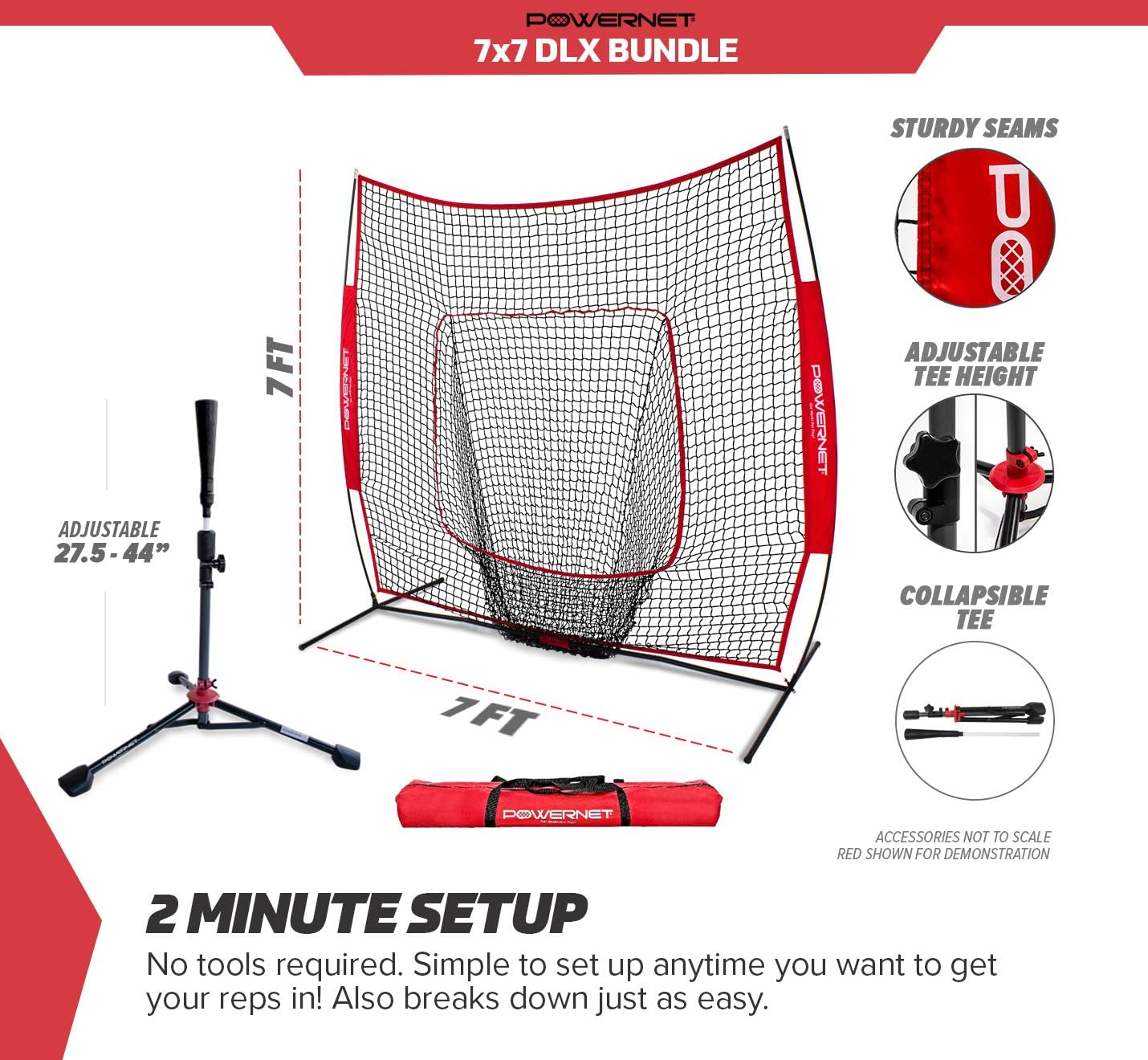 PowerNet Baseball Softball Practice Net 7x7 with Deluxe Tee (Red) | Practice Hitting, Pitching, Batting, Fielding | Portable, Backstop, Training Aid, Large Mouth, Bow Frame | Training Equipment Bundle : Sports & Outdoors