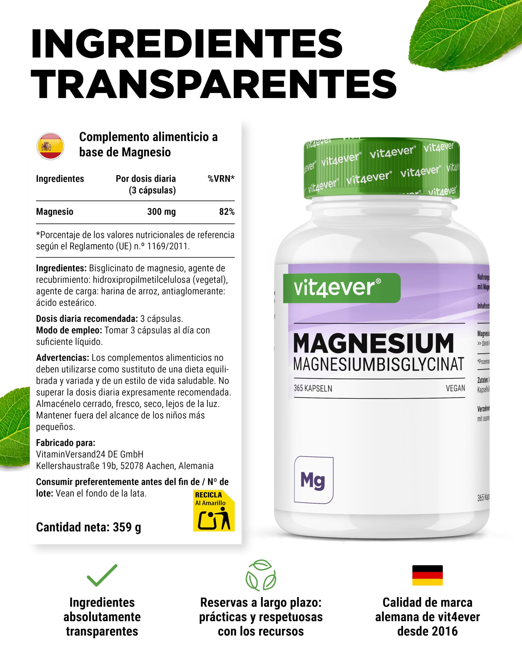 vit4ever Magnesio Bisglicinato - 365 Cápsulas - 300 mg de Magnesio elemental por Dosis diaria - Premium: Magnesium Quelado - Vegano
