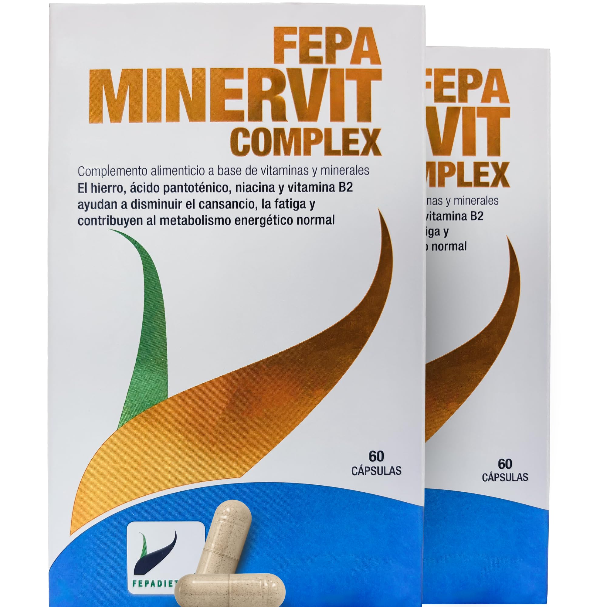 FEPA Minervit Vitamina Complex 60 Cápsulas Pack de 2 – Multivitaminas Mujer y Hombre – Complemento Alimenticio Multivitaminico - Energía y Bienestar – Hierro, Magnesio, Vitaminas B, C y D – Fepadiet