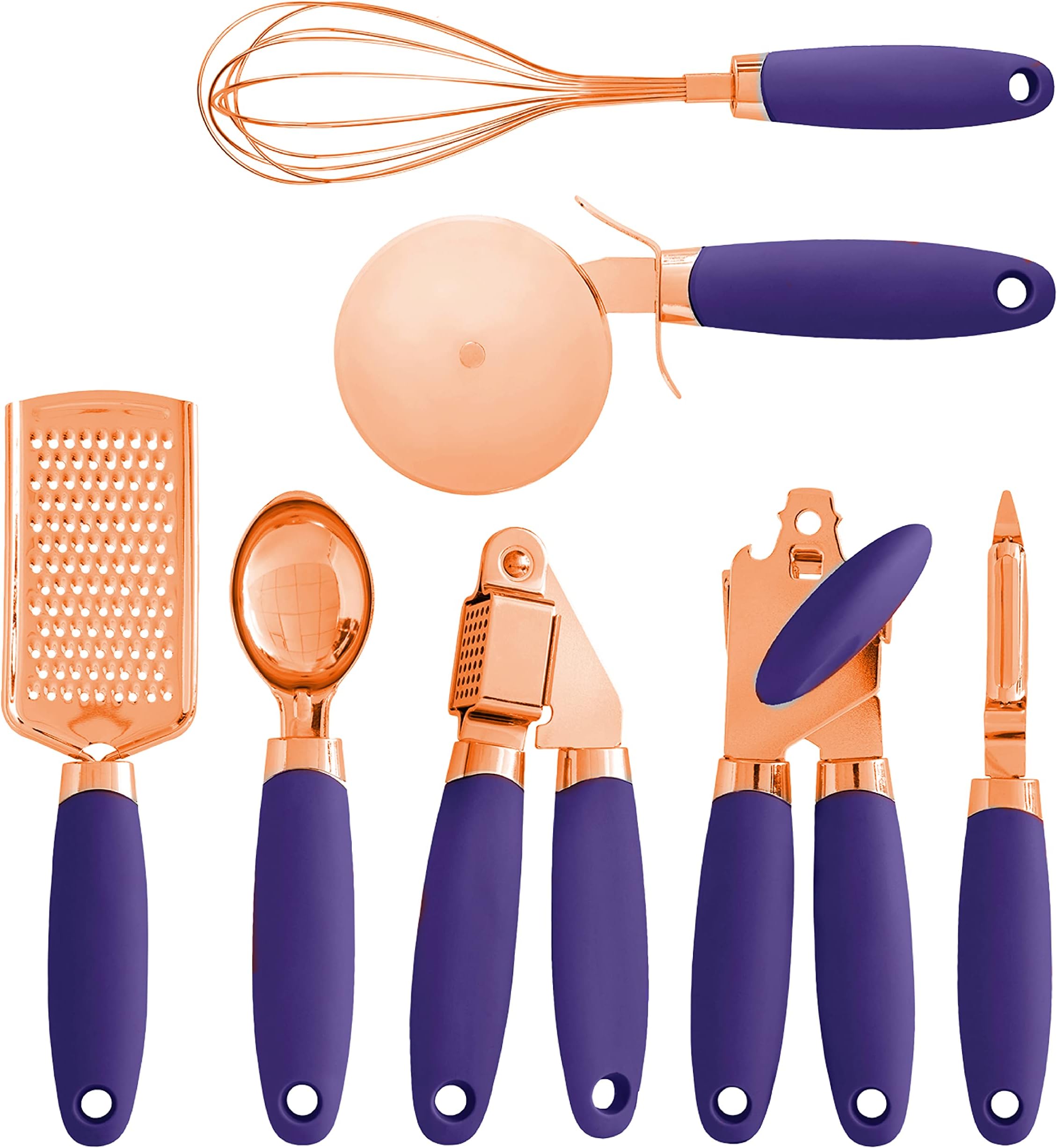 COOK WITH COLOR Kitchen Gadget Set Copper Plated Stainless Steel Utensils with Soft Touch Handles, Copper Lavender, 7 Pieces