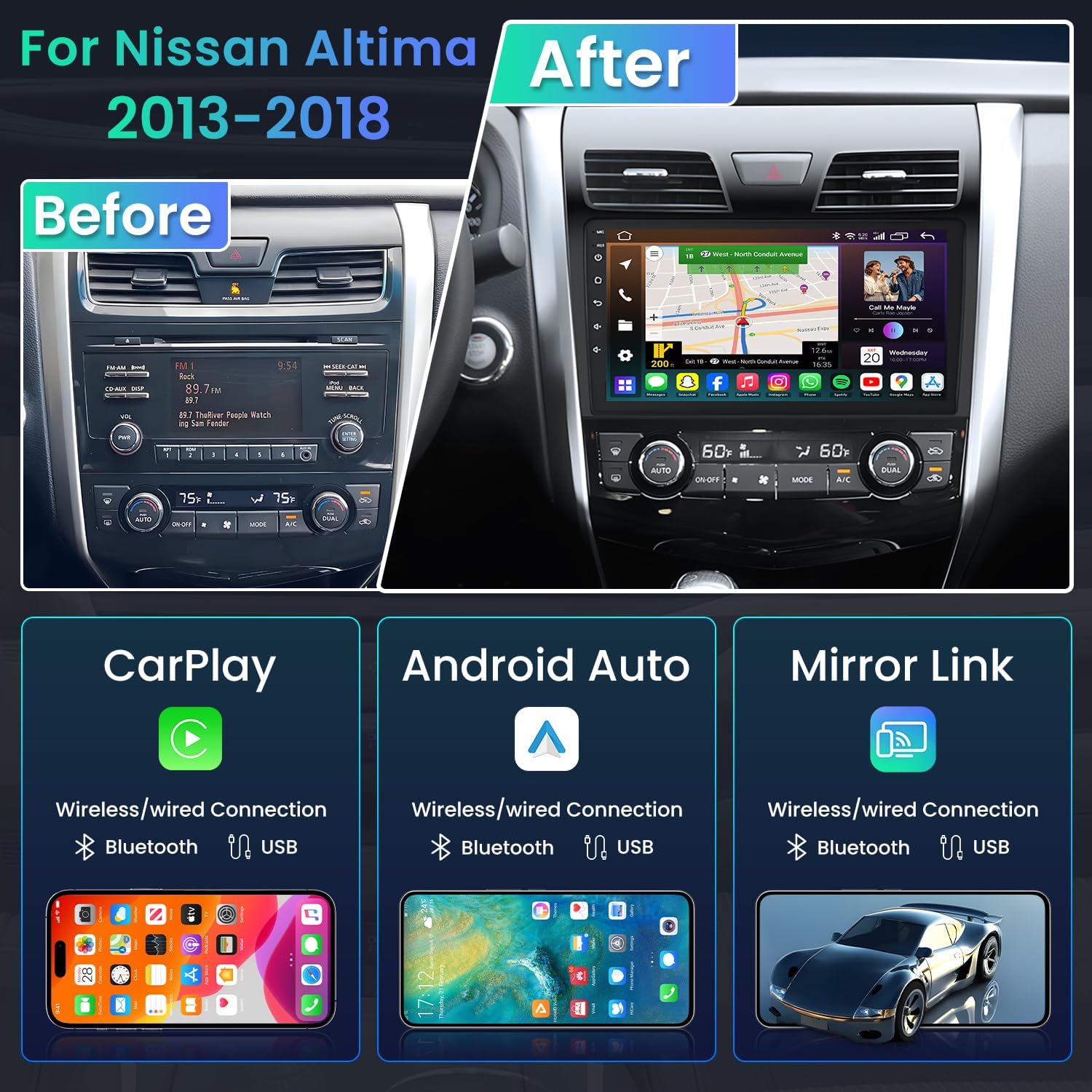 4G+64G Car Radio for Nissan Altima 2013-2015: Android 13 Upgrade 10 Inch Carplay/Android Auto Stereo with 1280 * 800 IPS Touchscreen Bluetooth GPS Navigation FM 5G WiFi Backup Camera Head Unit