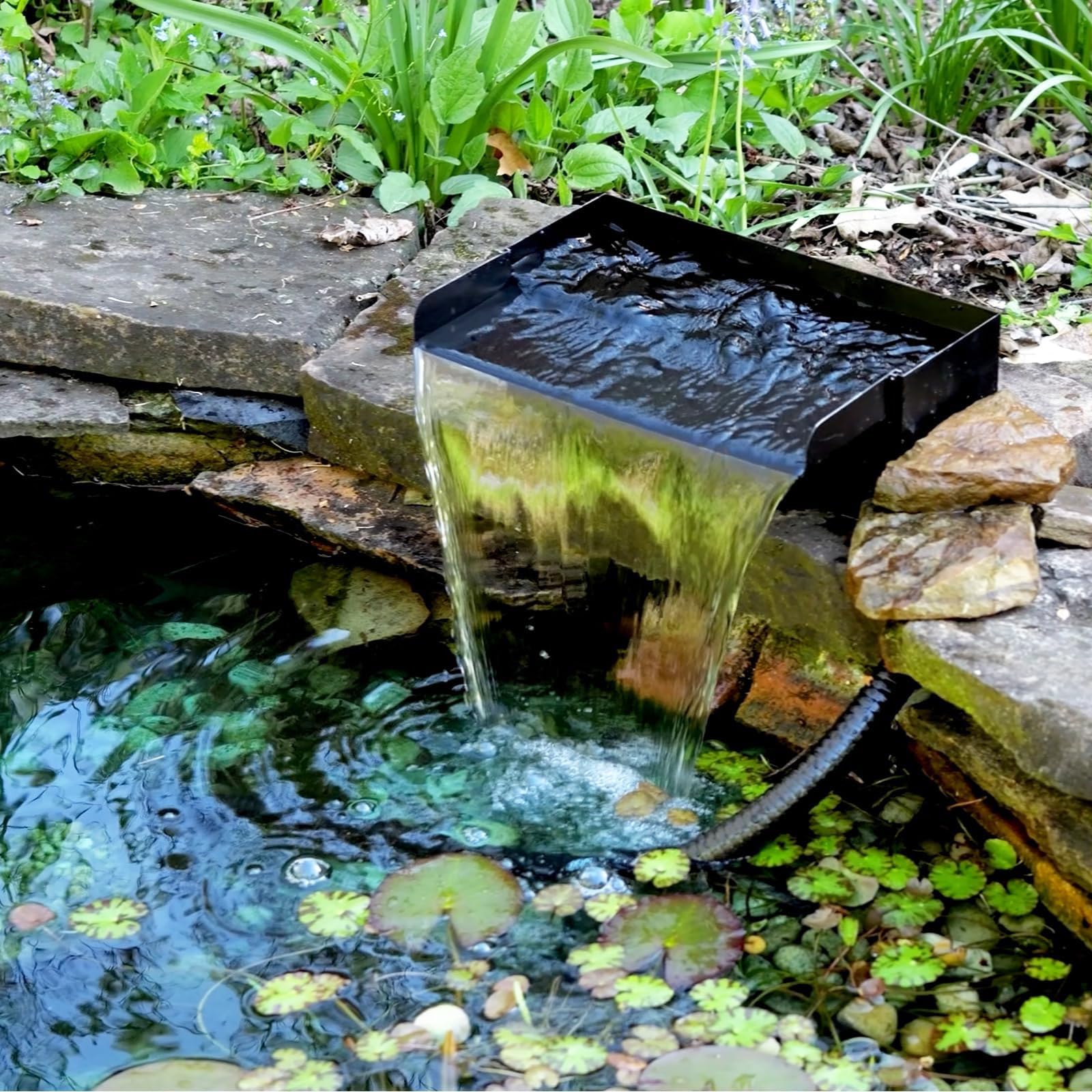 Cascata per laghetto, 20 cm, 2000 l/h, in acciaio inox 304 | Con tubo ondulato 3M e spugna filtrante, cascata per laghetto da giardino, set completo