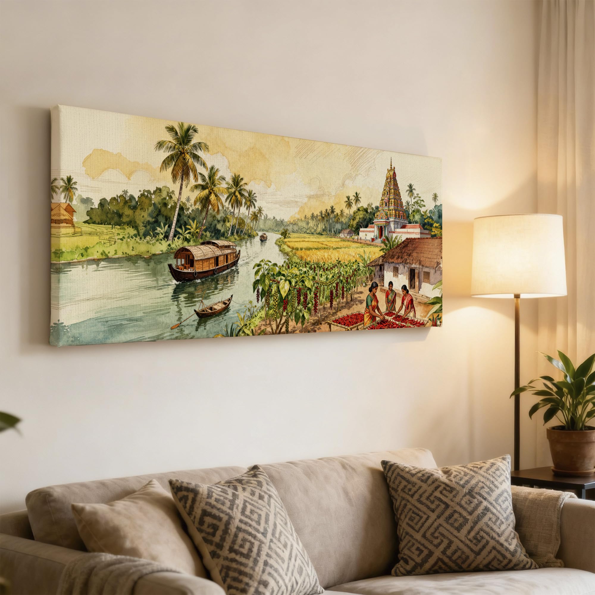 SoulAbiti South Indian Temple & Fields Unframed 36x14 inches Rolled Canvas Wall Expressionism Art UV Print Painting for Living Room, Bedroom & Office Decor Premium Gloss Vivid Fade-Resistant Print 3