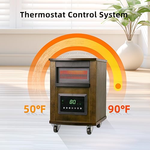 Miniatura 4 de Calentador de espacio infrarrojo de 1500 W con 3 ajustes de calor, protección contra sobrecalentamiento remoto y protección contra vuelcos, ruedas
