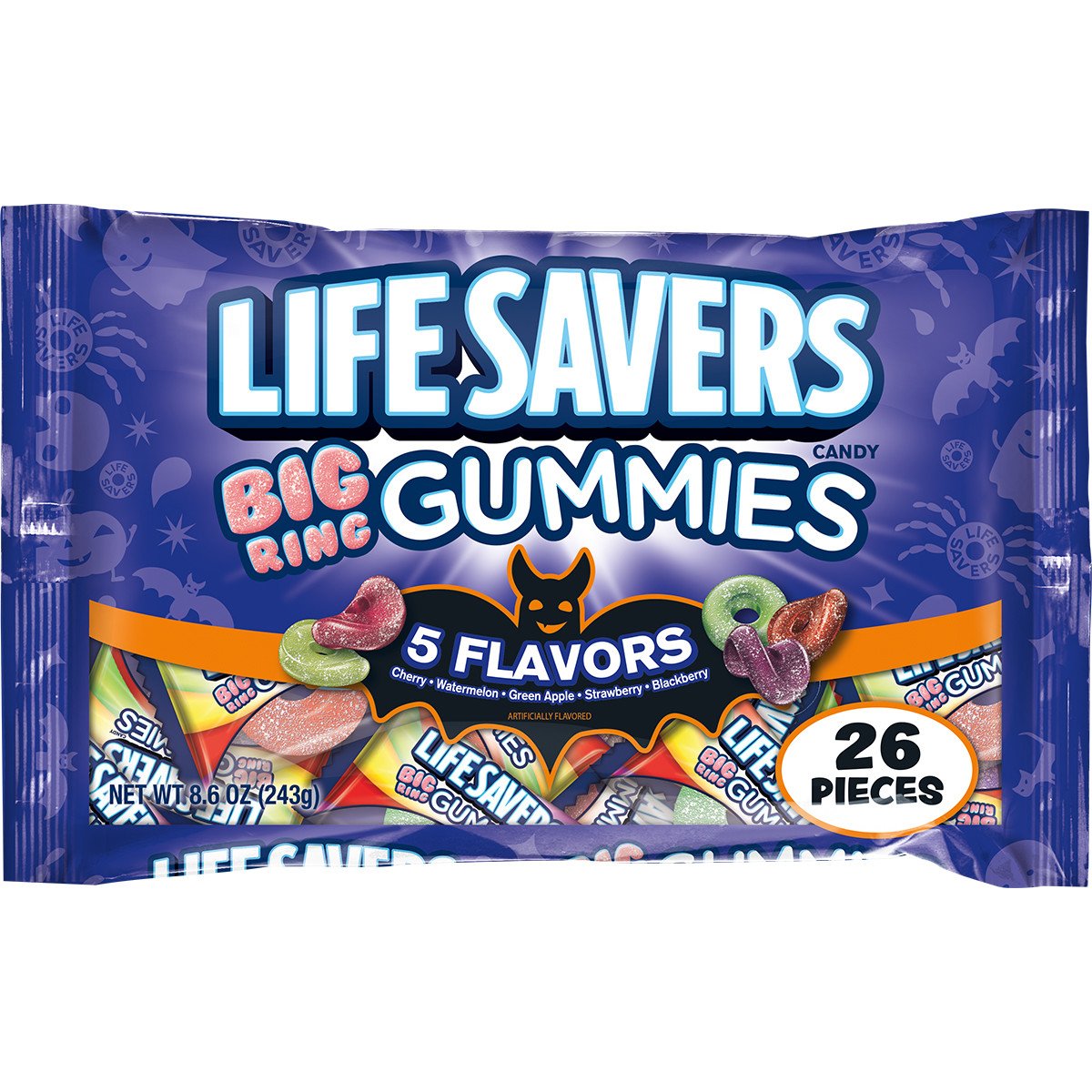 Lifesavers 5 Flavors Big Ring Gummies Halloween Candy Bag, 26 Fun Size Pieces, 8.6 ounces
