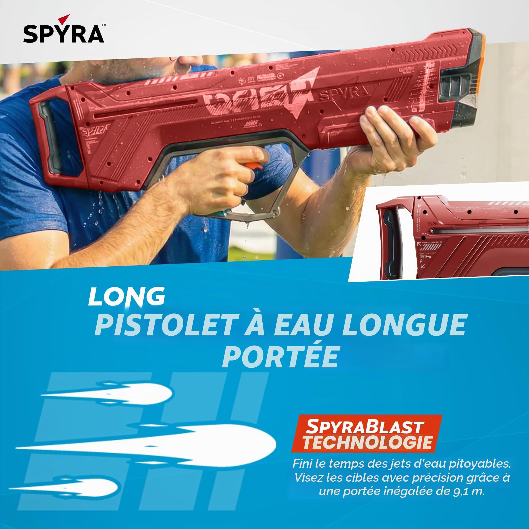 Spyra Dash Pistolet Eau Grande Porte extrmement Puissant avec mcanisme de Pompe Manuelle - Pas Besoin de Piles (Rouge)