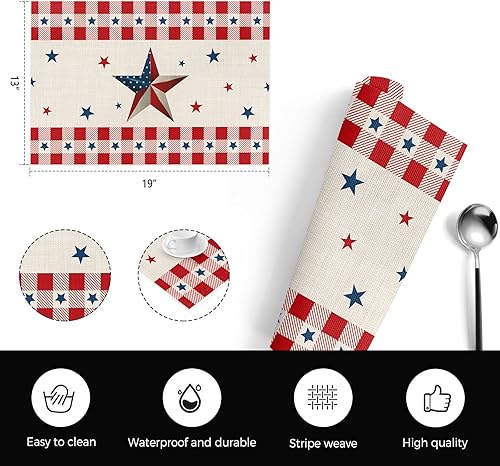 Miniatura 6 de Juego de 6 manteles individuales con diseño de estrella de campo para el 4 de julio, manteles individuales lavables de PVC para cocina, Día de la