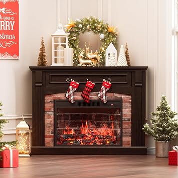 AHB Corner TV Stand with Remote Control, Electric Fireplace with Wooden Mantel, Entertainment Center with Efficient Heating System, Adjustable Brightness Realistic FlameCoffee
