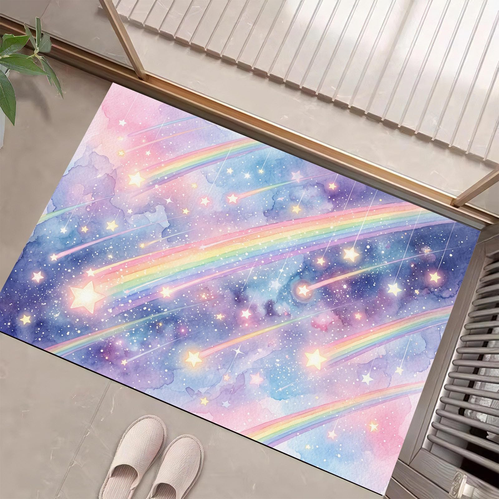 Felpudo Entrada Casa, 80x120cm Alfombra de Puerta Arcoíris De Meteoros Tapetes de Interior Estilo De Chica Soñadora Antideslizante para Decorativo Dormitorios y Zonas Entrada Cuartos, Azul-Púrpura