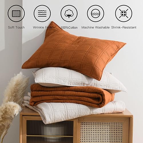 Miniatura 3 de Juego de colcha de algodón 100 %, tamaño Queen, beige, prelavado, 3 piezas, suave, ligero, puntadas decorativas, 2 fundas de almohada, patrón