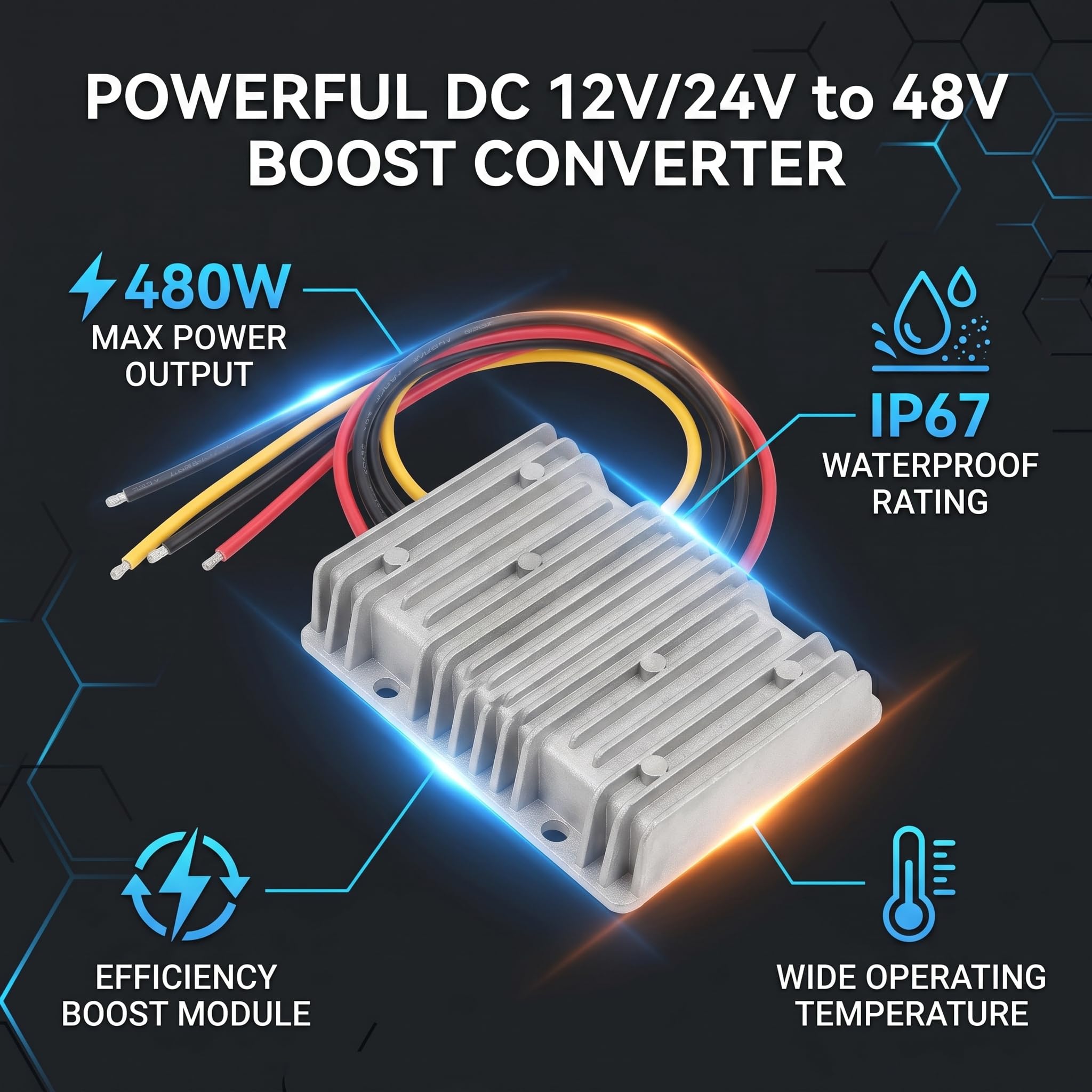 Convertidor elevador de CC a CC, regulador de voltaje impermeable de alta potencia de 480 W, transformador de 12 V/24 V a 48 V y 10 A para sistemas de seguridad de vehículos.