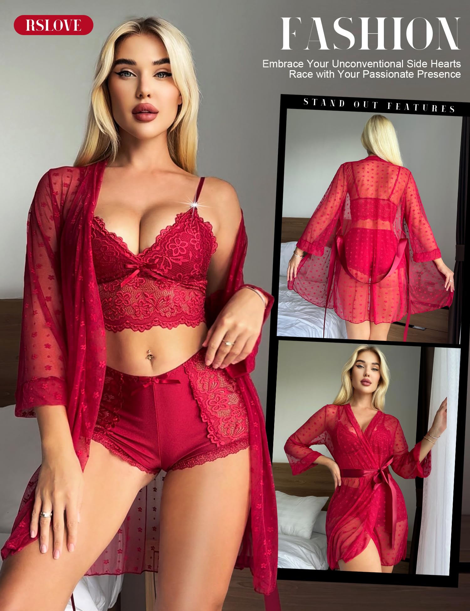 RSLOVE Set di biancheria intima da donna sexy - biancheria intima in pizzo da notte da donna, 3 pezzi con abito