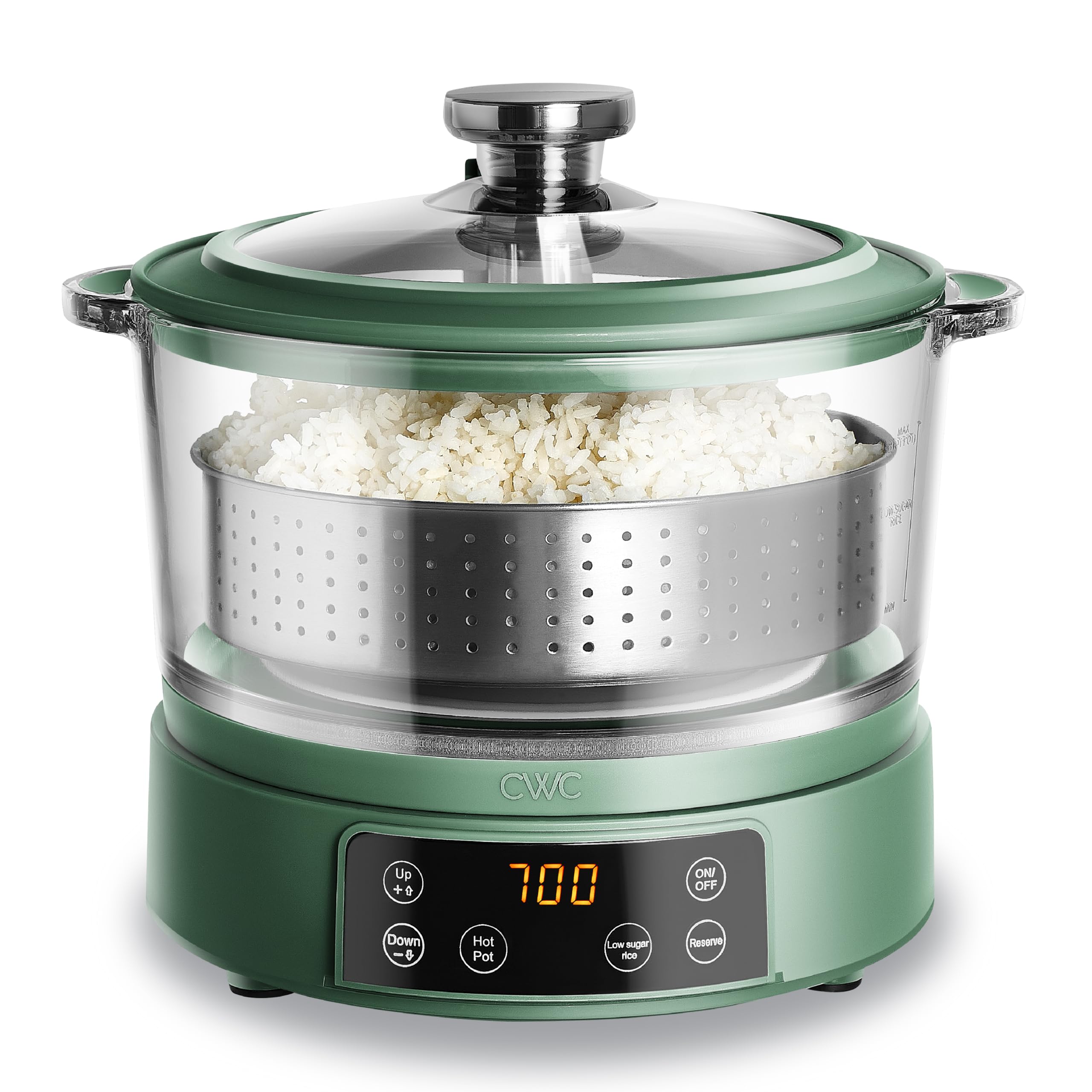 COOK WITH COLOR 3L Glass Mini Low Carb Rice Cooker – Holds 2 Cups Raw/Makes 6 Cups Cooked with Auto Lift Filter Basket, Hotpot & Steamer for Rice, Grains, Digital Panel with Keep Warm, Dark Sage