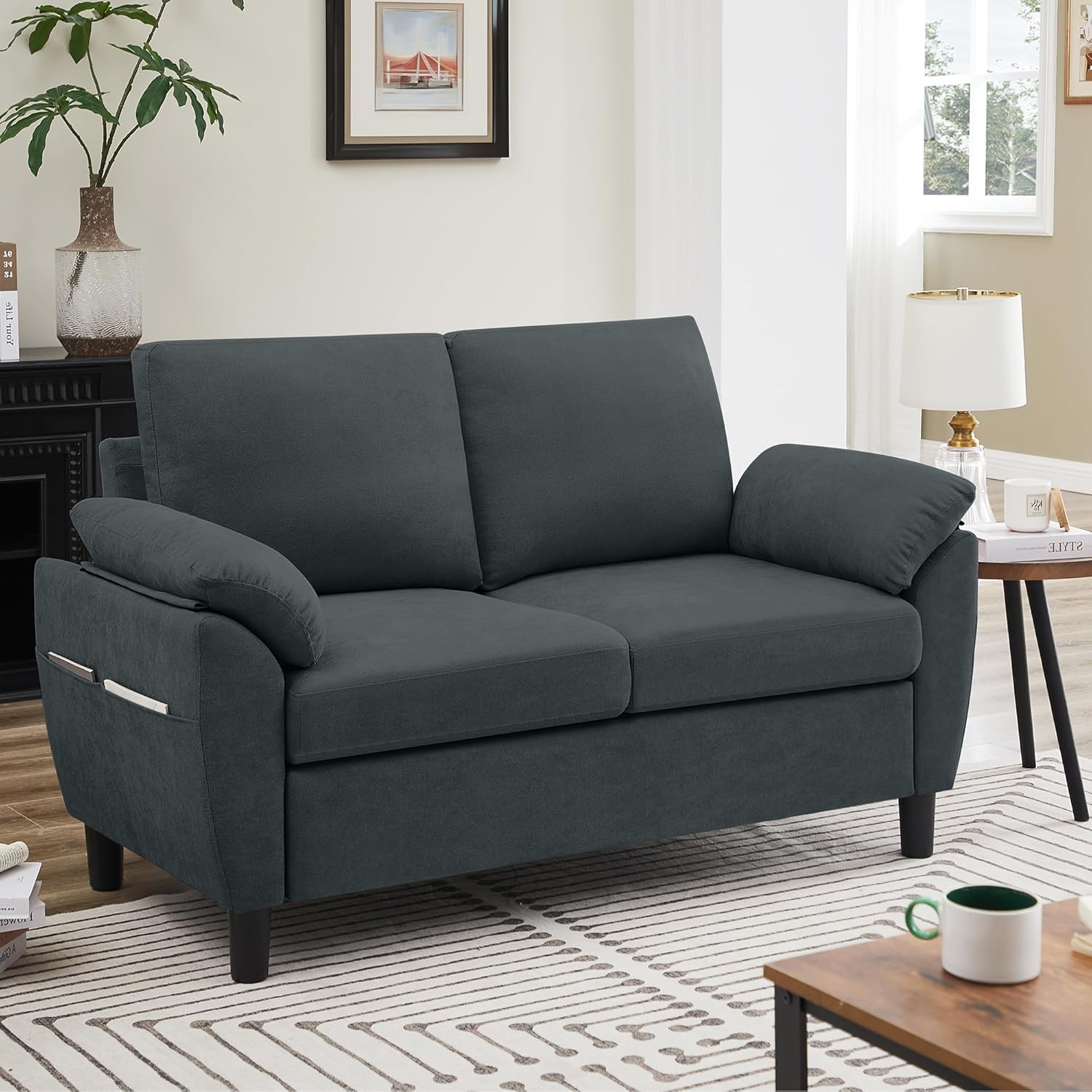 Loveseat Sofa, 57" Love Seat, Comfy Small Loveseat, Small Couch for Bedroom, Linen Fabric Couches for Living Room, Bedroom, Green