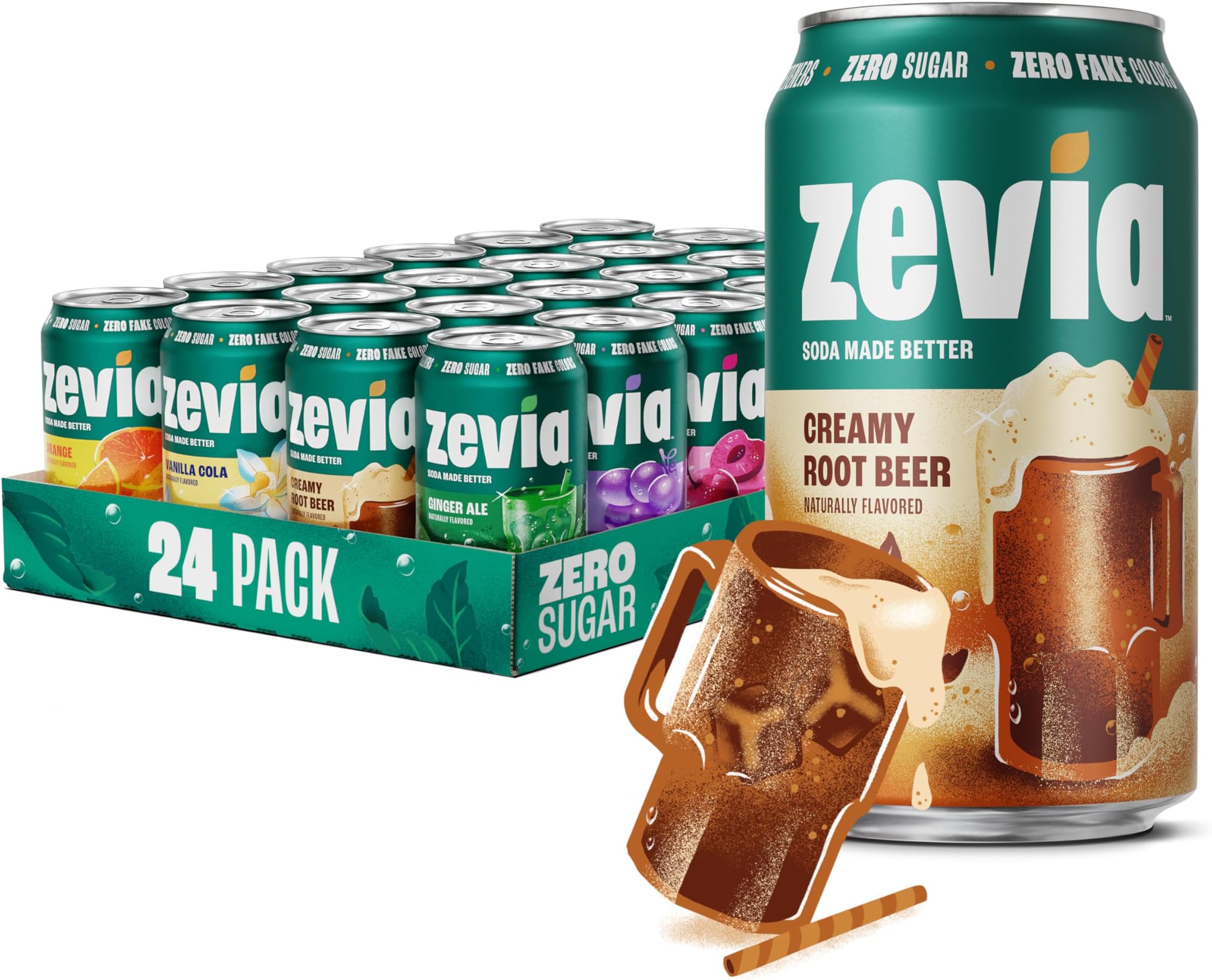 Zevia Zero Sugar Soda, Rainbow Variety Pack, 12 oz Tins (Pack of 24) - Naturally Sweetened, GMO Free, Project Verified, Gluten Free, Vegan