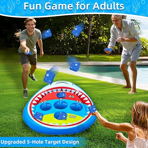 Miniatura 6 de iGeeKid Juguetes inflables para piscina, juego de Cornhole de tiburón con 5 agujeros mejorados y 5 bolsas de frijoles para adultos multijugador,