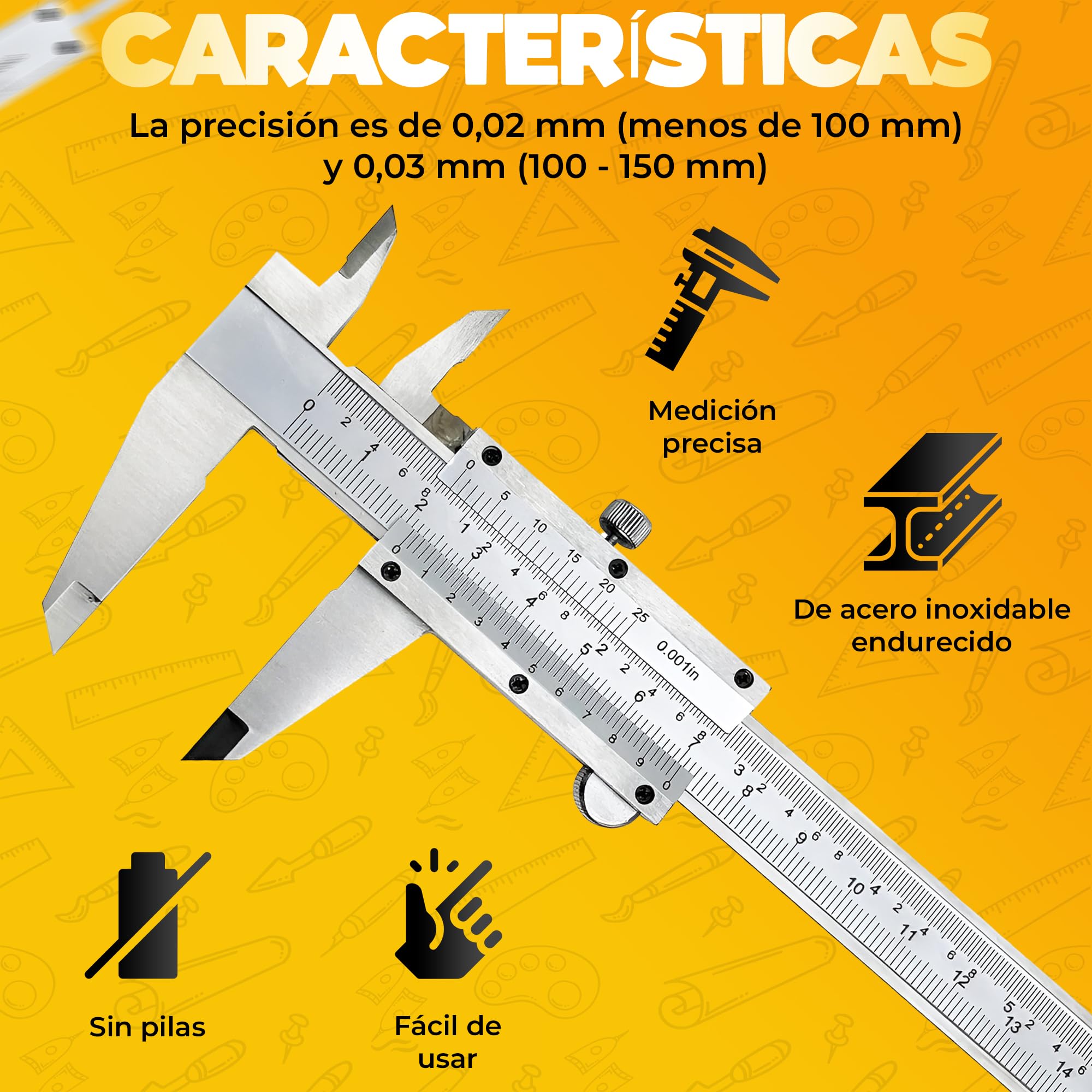 Pie de Rey 0-150 mm,0-6" en Acero Inoxidable, Calibre Analogico de Precisión para diferentes Usus Profesional y Domestico. (1)