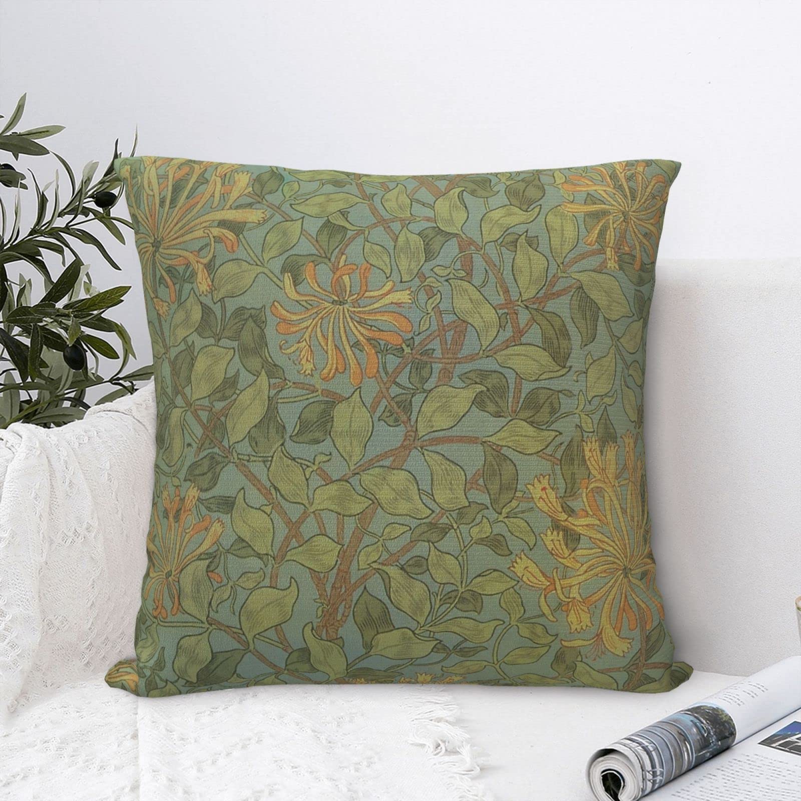 Dripglw William Honeysuckle 16 Morris Throw Pillow Covers 18x18 Inch Aesthetic Pillow for Bedroom Velvet Decorative Pillowcase Home Decor Living Room Cushion Case for Bed Sofa Couch