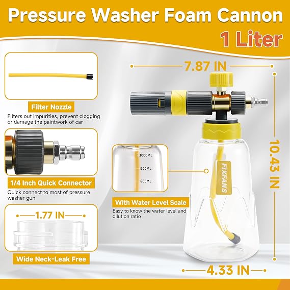 FIXFANS Foam Cannon Gun Dual Connector Accessory for Pressure Washer | Double Tip Attachment Soap Cannon with Power Washer Short Gun, Car Wash Foam Gun Kit, 1/4 Quick Connect, 5 Nozzle Tips