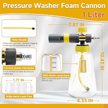 FIXFANS Foam Cannon Gun Dual Connector Accessory for Pressure Washer | Double Tip Attachment Soap Cannon with Power Washer Short Gun, Car Wash Foam Gun Kit, 1/4 Quick Connect, 5 Nozzle Tips