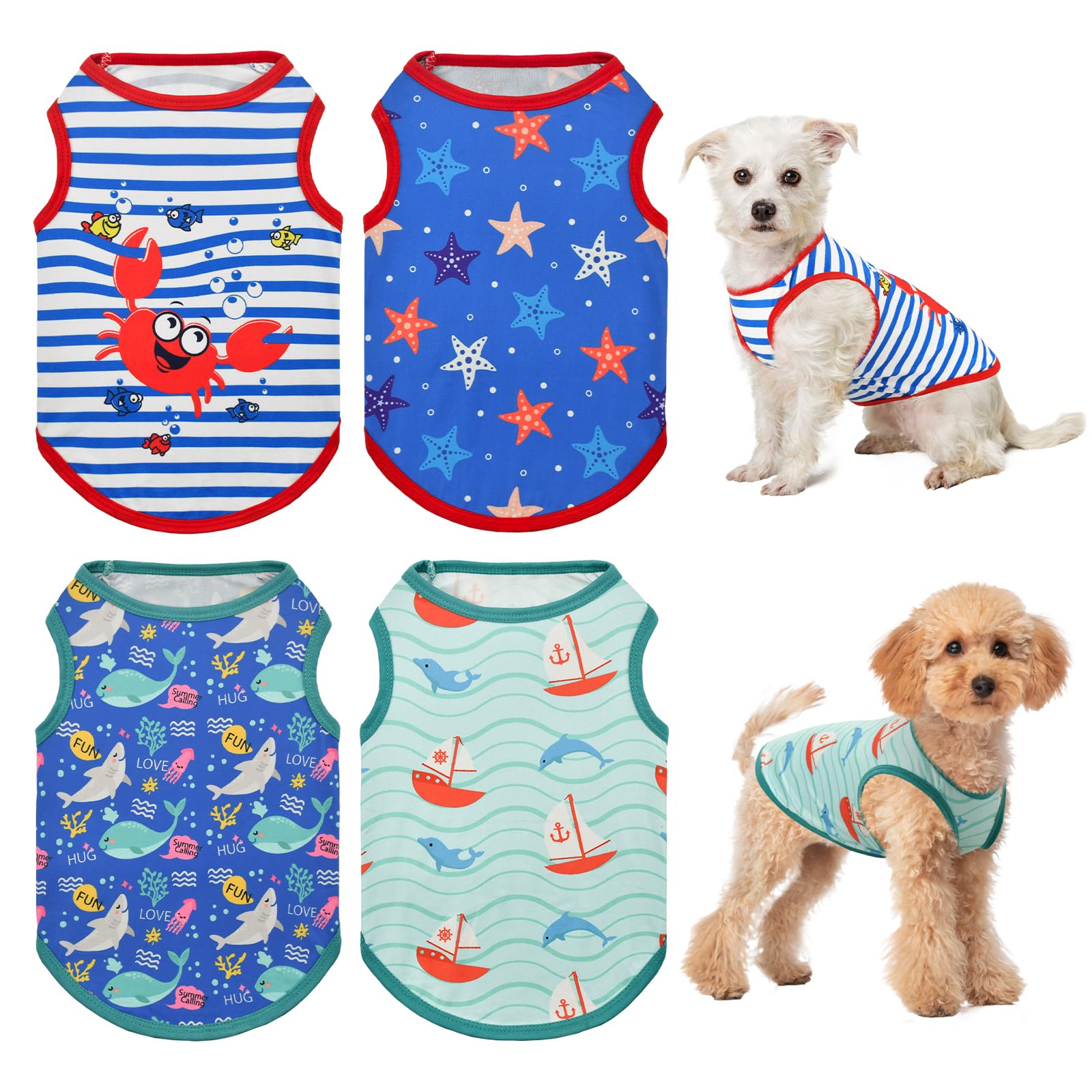 Vehomy 4-Pack Dog Summer Shirt Soft Cotton Cat Sleeveless Shirts Pet Stripe Tshirt Tank Tops Vests with Sea Fish Patterns Kitten Puppy Summer Clothes for Small Medium Dogs S