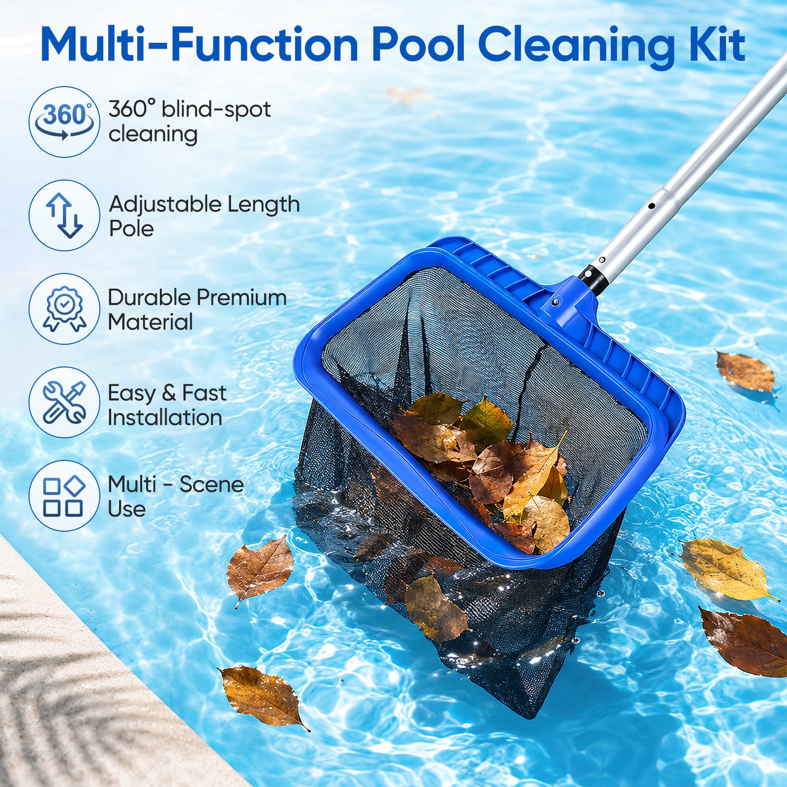 Red de piscina con barra telescópica de 320 cm, red fina para estanque, red de 43,5 cm de profundidad, red de suelo, recogehojas para algas para piscina, estanque, jacuzzi, spa