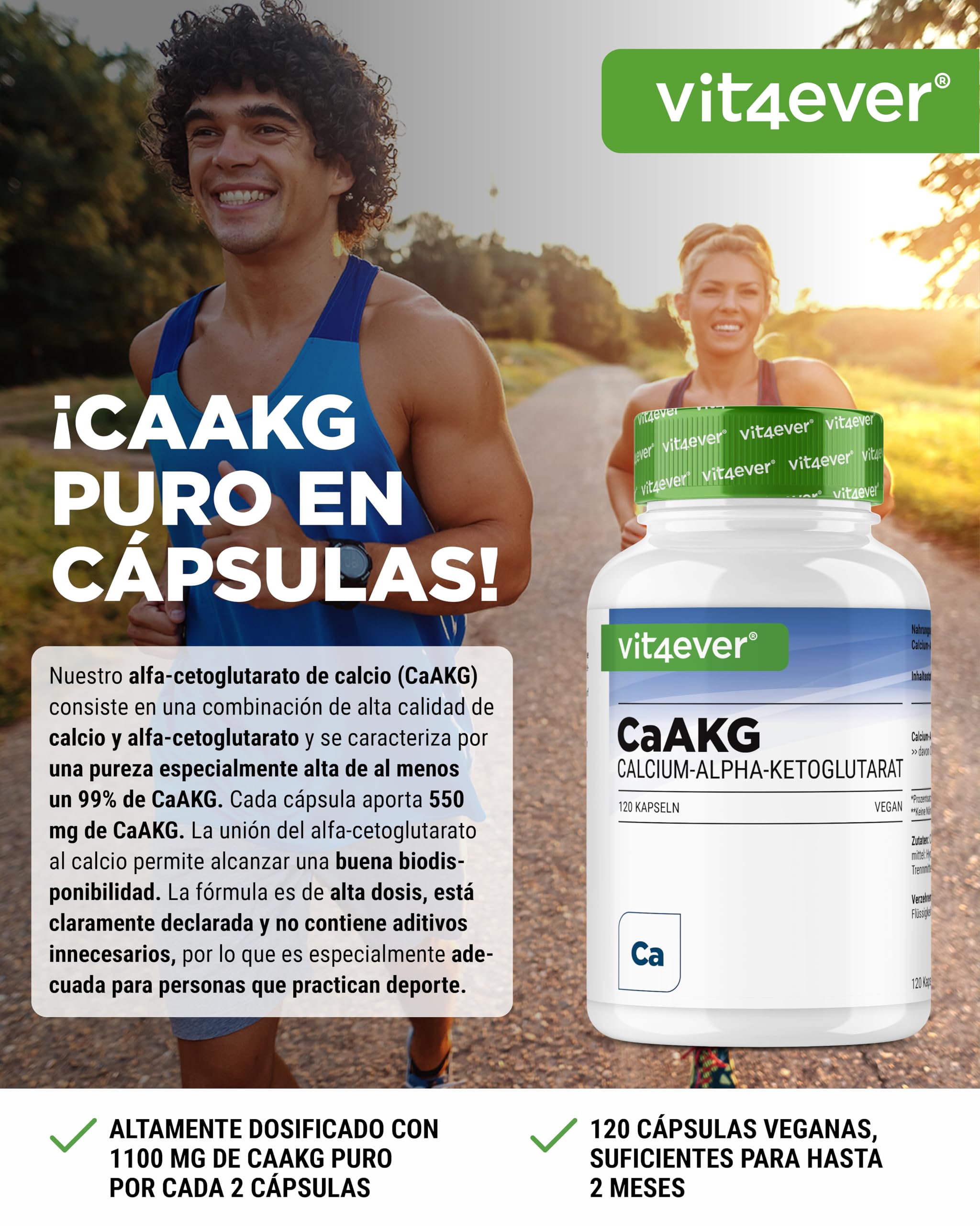 CaAKG - Calcio alfa-cetoglutarato - 120 cápsulas - Alta dosis con 1100 mg por dosis diaria - Calcio puro y alfa-cetoglutarato sin aditivos innecesarios, vegano