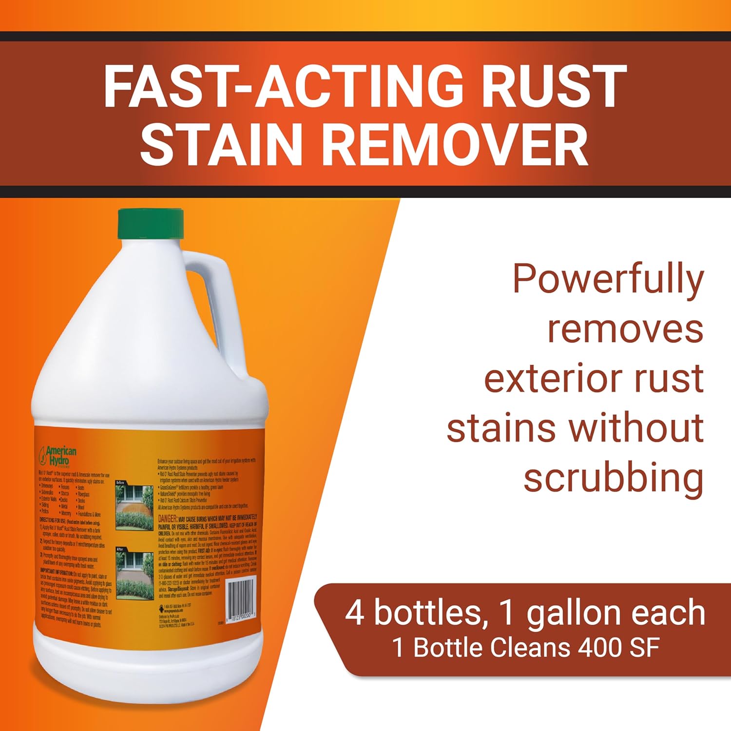 Outdoor Liquid Rust Stain Remover, Removes Stains, Calcium, and Limescale from Concrete, Vinyl Siding, and More, 1 Gallon Bottles (4 Pack)