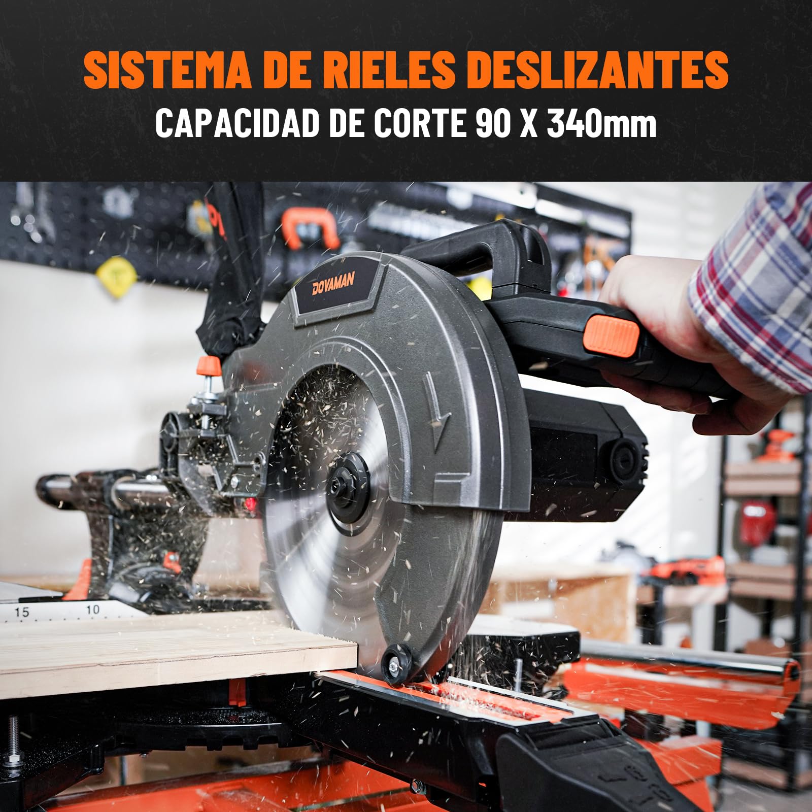DOVAMAN DMS01A Sierra Ingletadora 2000W, 2 Velocidades 3200/5000 RPM, 3 Hojas TCT, Corte Máx 340x90mm, Inclinación 0–45°, Guía Láser, 9 Posiciones, Para Madera PVC Aluminio Metales Blandos