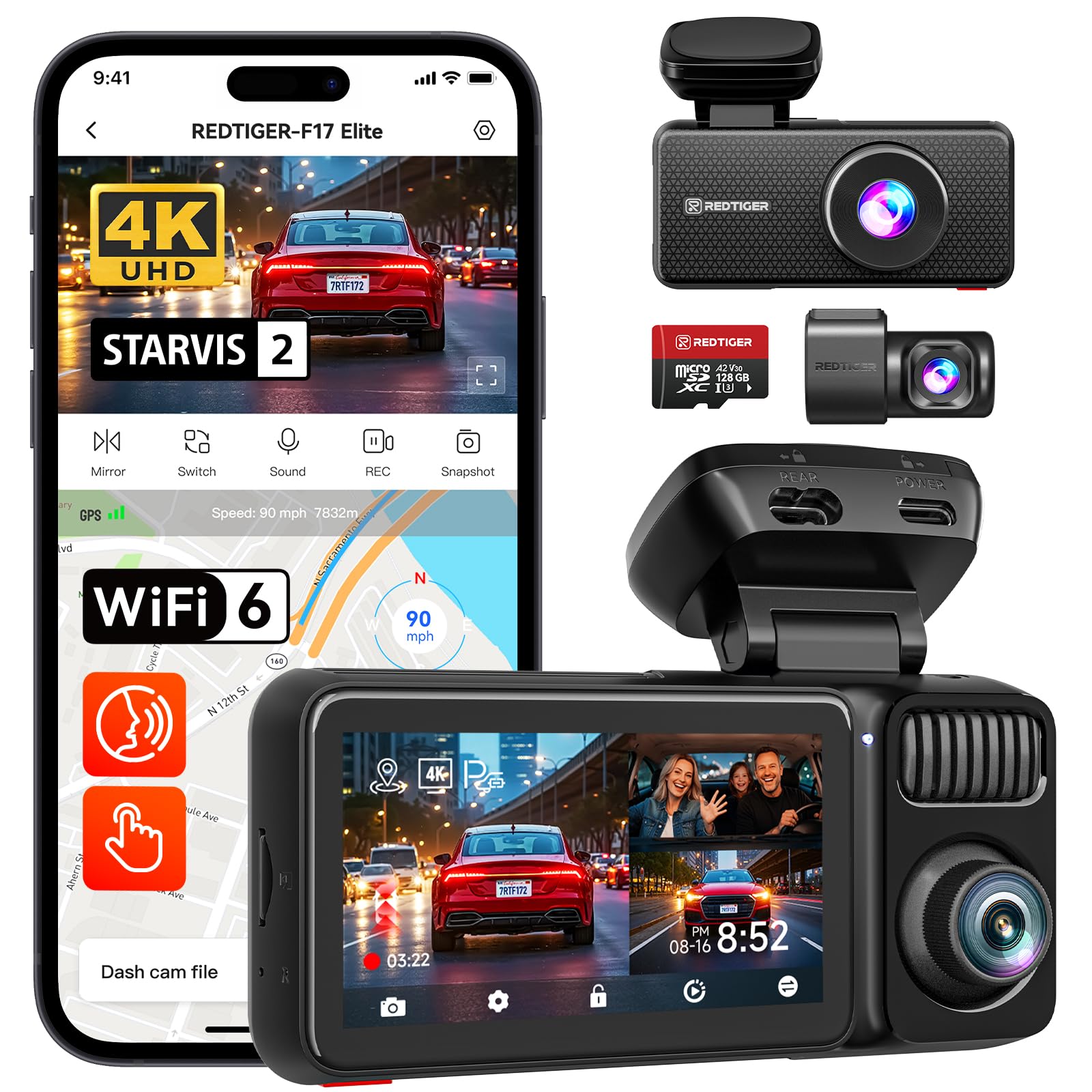 REDTIGER 4K+2,5K+1080P Dashcam Delantera/Trasera, 128GB Incluida, STARVIS 2 | IMX678 e IMX675, Visión Nocturna en Color, Pantalla Táctil, Control Voz, WiFi 5,8GHz, GPS, HDR, Monitor Aparcamiento (F17E)