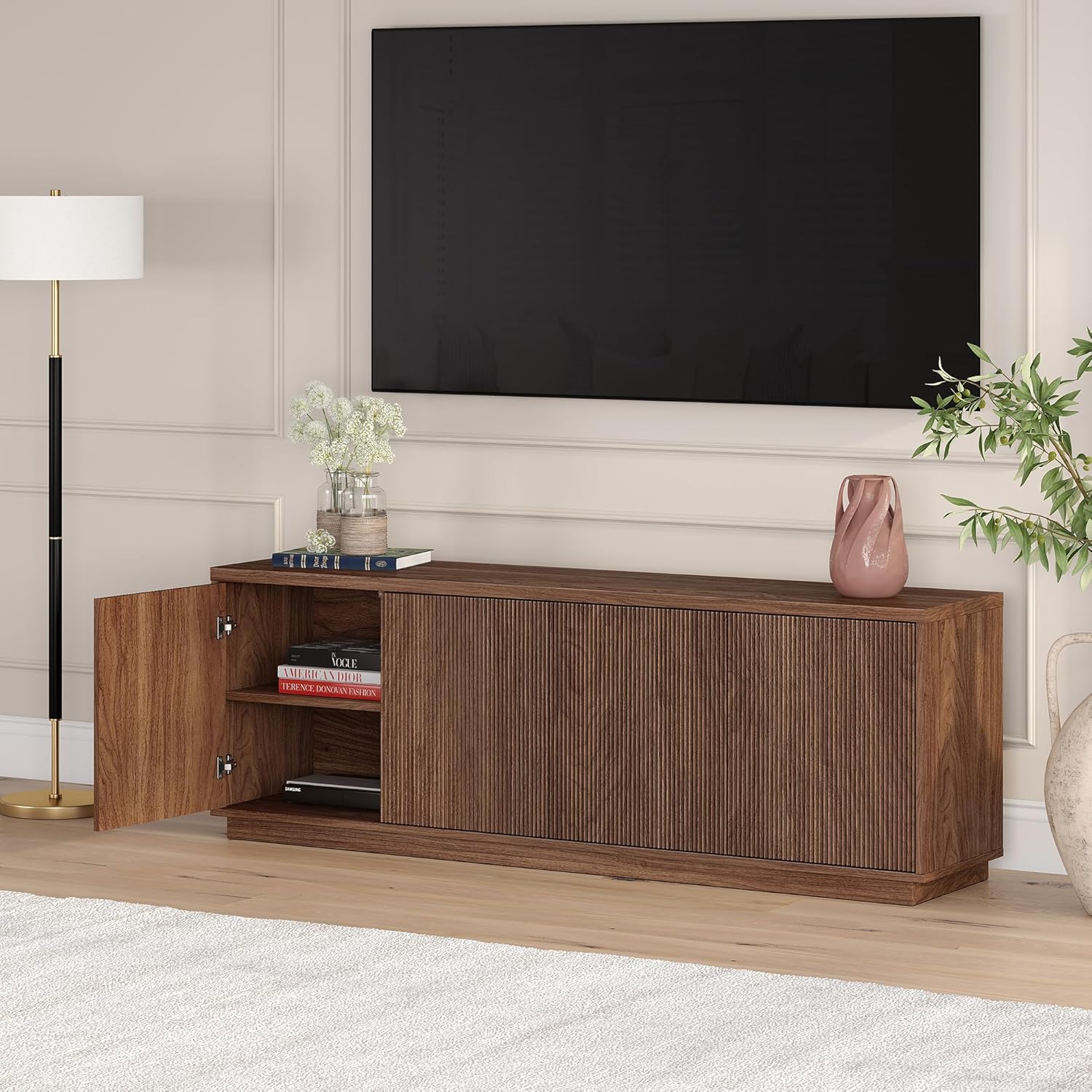 Henn&Hart Fluted TV Stand for TVs up to 75" with 2 Concealed Ribbed Storage Cabinets and Adjustable Shelves for Living Room, Family Room, or Office, Medium Walnut - Image 8